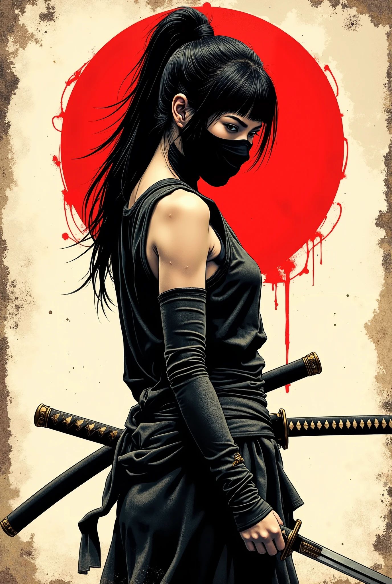 Young Asian ninja woman. She looks down seriously. Ninja mask on the face. vista lateral. The body is effectively curved. Seios grandes. Shoulders are thrown back. The arms are loosely lowered along the body. The head is slightly turned towards the observer. very dark and long hair, reunidos em um alto, careless ponytail on the top of the head. A shabby black fabric vest with arms and shoulders with gloves up to the biceps. Luvas de couro. duas katanas, one of which is bathed on the back, and the other one is on her belt on the other side. Sepia image .The background is an old wall, gasta e suja, once painted white. caligrafia japonesa , Hieroglyphs. A large stylized red circle that resembles a Japanese flag, carelessly painted with a large brush. Slashes and splashes of red paint. The texture of the worn wood . Splashes of dirt scratch the entire surface of the bottom. The overall artistic style is colorful and slightly rough, like an old, beaten poster. The color scheme is soft and dark. The emphasis is on details and a sense of calm power. Conecte-se, No estilo samurai, ink graphics. linhas de movimento, Framed within a frame. obra-prima, super detalhe, 8k