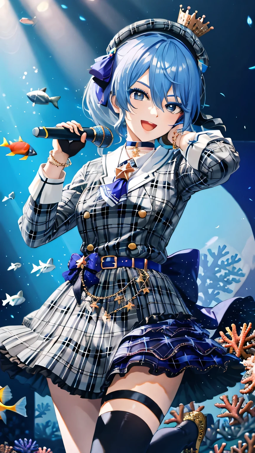 {{{masterpiece}}}, (best quality:1.5), (ultra-detailed:1.5), {illustration}, {{an extremely delicate and beautiful}}, (beautiful detailed eyes:1.6), absurdres, highres, extremely detailed face, 16k, hd, visual anime de uma jovem mulher, extremamente bonito rosto de anime, anime melhor garota, (perfect hands, perfect anatomy), (five fingers:1.1), anime face, Hoshimachi Suisei(Hololive), sui1, 1girl, solo, blue hair, medium hair, side ponytail, blue hair bow, hair between eyes, blue eyes, (High resolution eyes, Beautiful eyes, Light in the eyes), medium breasts, big hips, curvaceous, BREAK, sui1, stageidol, suisei cos, beret, grey headwear, crown, star choker, blue choker, grey jacket, (plaid jacket:1.2), double-breasted, long sleeves, white shirt, collared shirt, blue ascot, bracelet, black gloves, partially fingerless gloves, blue belt, (blue bow:1.2), star print, jewelry, skirt set, grey skirt, plaid skirt, miniskirt, pleated skirt, thigh strap, asymmetrical legwear, mismatched legwear, uneven legwear, single kneehigh, single sock, black thighhighs, blue crew socks, BREAK, 1girl, solo, smile, open mouth, microphone, dancing, jumping, sing, singing, joyful, cute pose, dynamic pose, dynamic angle, outodoor, daytime, stage, on stage, underwater, (colorful fish and coral:1.5), photo, fluttering skirt, peer in from below, cowboy shot