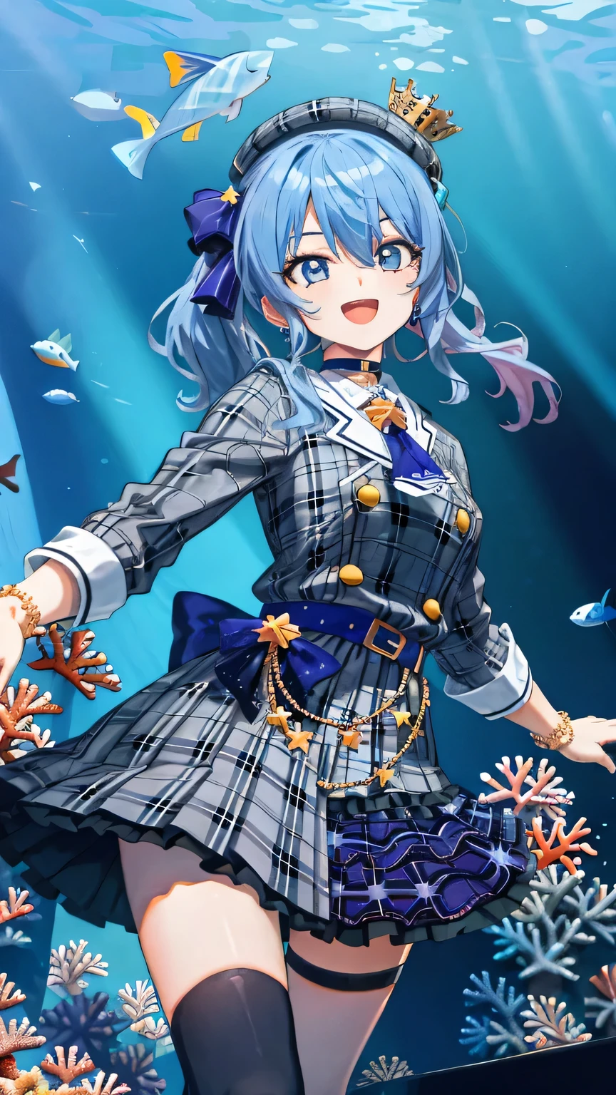{{{masterpiece}}}, (best quality:1.5), (ultra-detailed:1.5), {illustration}, {{an extremely delicate and beautiful}}, (beautiful detailed eyes:1.6), absurdres, highres, extremely detailed face, 16k, hd, visual anime de uma jovem mulher, extremamente bonito rosto de anime, anime melhor garota, (perfect hands, perfect anatomy), (five fingers:1.1), anime face, Hoshimachi Suisei(Hololive), sui1, 1girl, solo, blue hair, medium hair, side ponytail, blue hair bow, hair between eyes, blue eyes, (High resolution eyes, Beautiful eyes, Light in the eyes), medium breasts, big hips, curvaceous, BREAK, sui1, stageidol, suisei cos, beret, grey headwear, crown, star choker, blue choker, grey jacket, (plaid jacket:1.2), double-breasted, long sleeves, white shirt, collared shirt, blue ascot, bracelet, black gloves, partially fingerless gloves, blue belt, (blue bow:1.2), star print, jewelry, skirt set, grey skirt, plaid skirt, miniskirt, pleated skirt, thigh strap, asymmetrical legwear, mismatched legwear, uneven legwear, single kneehigh, single sock, black thighhighs, blue crew socks, BREAK, 1girl, solo, smile, open mouth, microphone, dancing, jumping, sing, singing, joyful, cute pose, dynamic pose, dynamic angle, outodoor, daytime, stage, on stage, underwater, (colorful fish and coral:1.5), photo, fluttering skirt, peer in from below, cowboy shot