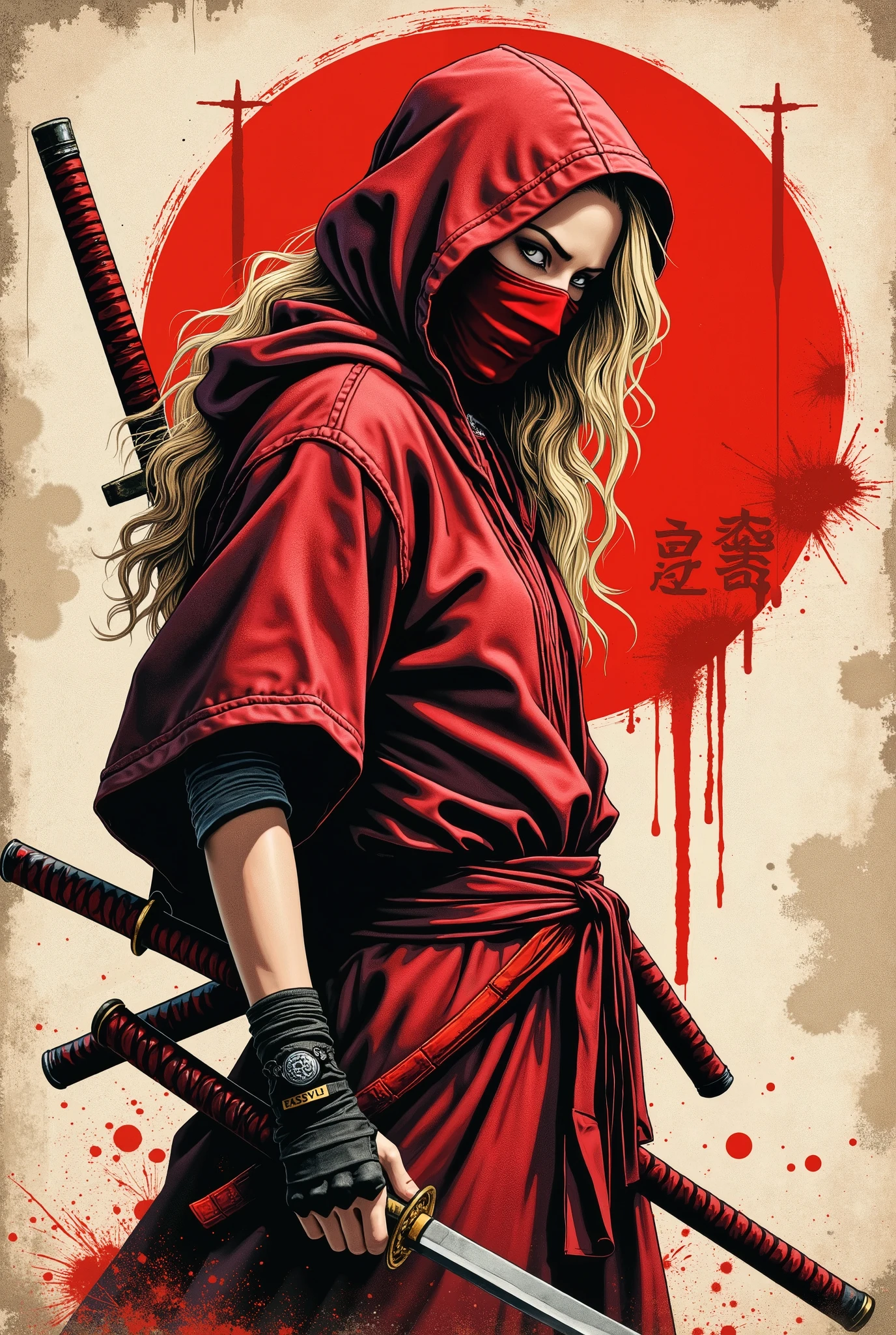 Young female western ninja. She looks down seriously. Red ninja mask on her face. vista lateral. The body is effectively curved. Seios pequenos. Shoulders are thrown back. The arms are loosely lowered along the body. The head is slightly turned towards the observer. long wavy blonde hair, escaping through the red hoodie that covers her head and falls over her shoulder. A shabby red fabric dogi with long commands. Luvas de couro. A red-sheathed katana on her belt on the other side. Sepia image .The background is an old wall, gasta e suja, once painted white. caligrafia japonesa , Hieroglyphs. A large stylized red circle that resembles a Japanese flag, carelessly painted with a large brush. Slashes and splashes of red paint. The texture of the worn wood . Splashes of dirt scratch the entire surface of the bottom. The overall artistic style is colorful and slightly rough, like an old, beaten poster. The color scheme is soft and dark. The emphasis is on details and a sense of calm power. Conecte-se, No estilo samurai, ink graphics. linhas de movimento, Framed within a frame. obra-prima, super detalhe, 8k