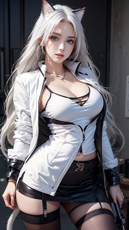 Photorealistic, high resolution, 1 woman, Hips up, Beautiful eyes, Long hair, ringed eyes, jewelry, tattoo, outfit-Blaze, cat ears, white bra, white jacket, black skirt, thigh highs, blue eyes, back view