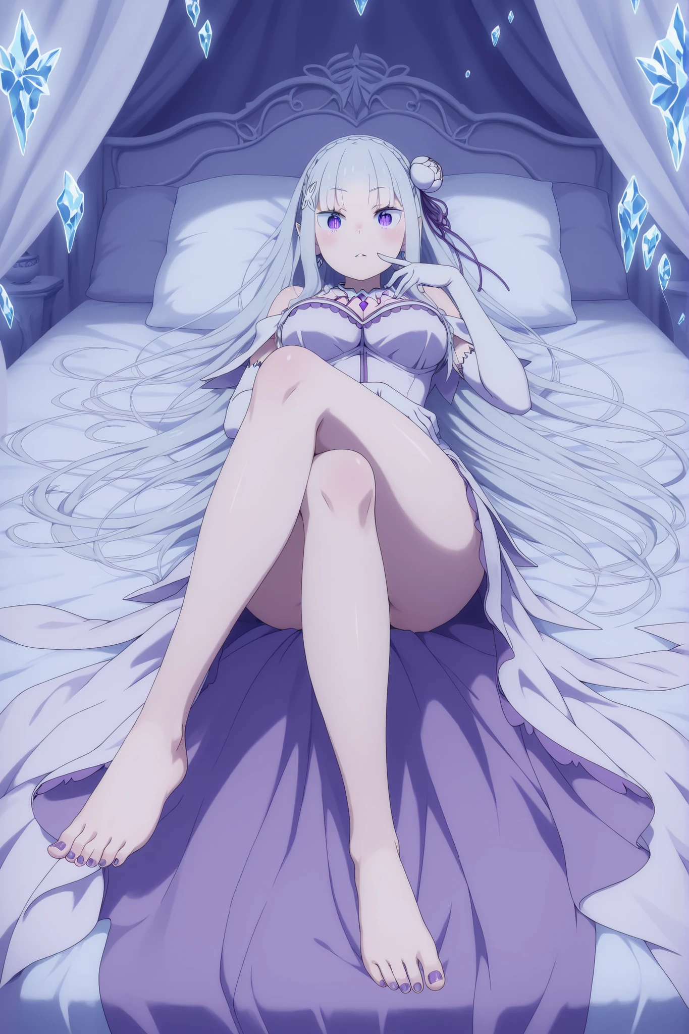 high quality, capolavoro, ultra dettagliato, anime style, Re:Zero art style, Emilia (Re:Zero), lying sensually on the bed, posa provocante, extended and crossed legs, female feet in the foreground, shiny pastel purple lacquered nails, well-groomed and delicate feet, dita dei piedi sexy, smooth and soft porcelain skin, pose toes pinched, seductive side look, provocative expression characteristic of Emilia, long flowing silver hair scattered on the bed, bright and large amethyst purple eyes in anime style, royal white and purple dress slightly raised on the legs with silver details faithful to the original design, canopy bed with purple silk drapes, royal bedroom with floating ice crystals, soft atmospheric magic lights, ethereal and romantic lighting, dettagli intricati, brilliant effects typical of Re:Zero, close angle on the feet in the foreground