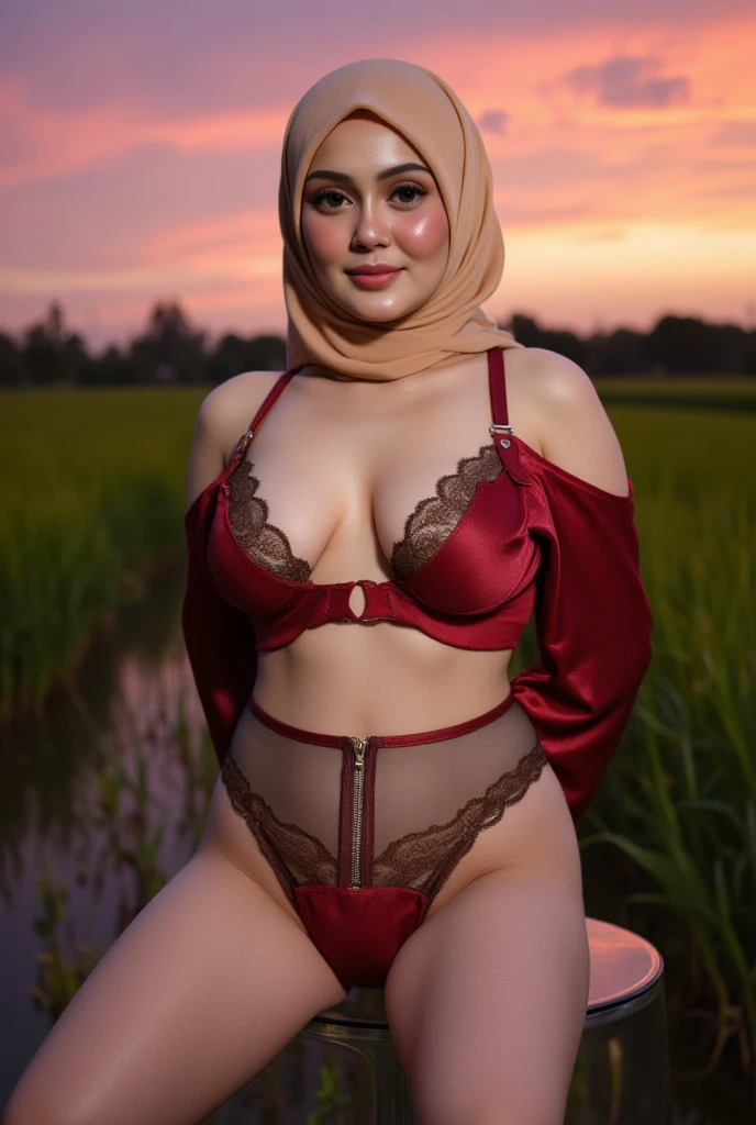Malay girl in hijab wearing sexy red color satin polkadot bra and panties portrait photography, mid shot photo, ultra detail, professional photograph with professional lighting, smile, light blue studio background, sexy seducing pose, curvy