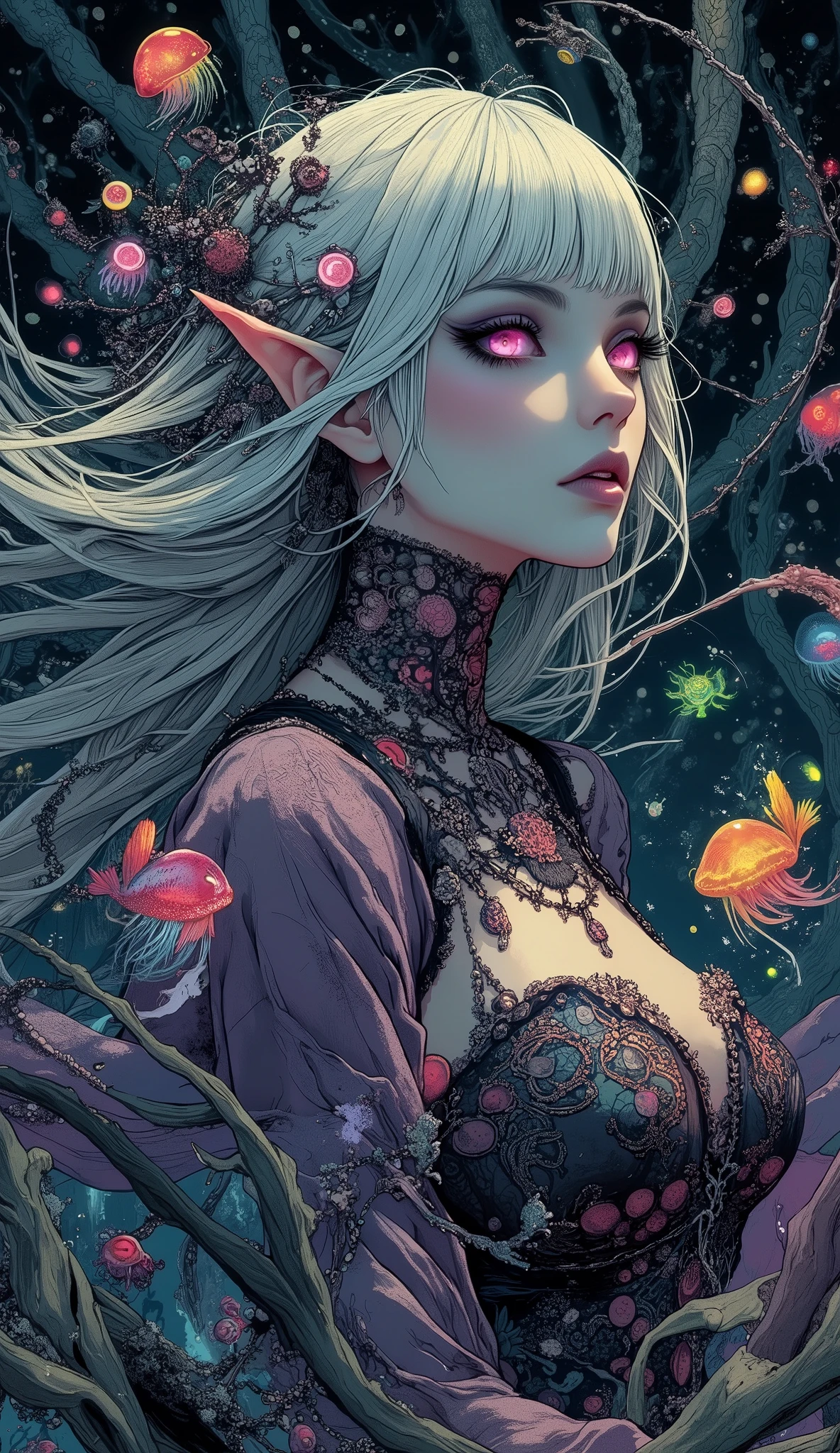 (A fusion of Ukiyo-e and dark fantasy. Aesthetic and gothic digital art. Draw a detailed face. Look away.) BREAK
(Transparent white hair. Blunt bangs. White eyebrows. Long white eyelashes. Almond-shaped eyes. Lavender-colored eyes. Thick, dark eyeliner. Small pink lips. Slightly pointed ears. Dark purple skin. Thin limbs. Thin fingers. White nails. Draw one thumb and four fingers accurately.) BREAK
(Dark elf female dancers swim sideways in the deep, dark sea, twisting their bodies as they dance, illuminated by deep-sea fish and jellyfish that glow like red, blue, yellow, and green neon lights. On the seabed table, you can see delicious-looking wine and finger food. Their costumes are colorful belly dance outfits made of sheer material in the style of 15th-century Turkish Gypsies. Please depict the scene from above, looking down on the dark deep-sea party.)
