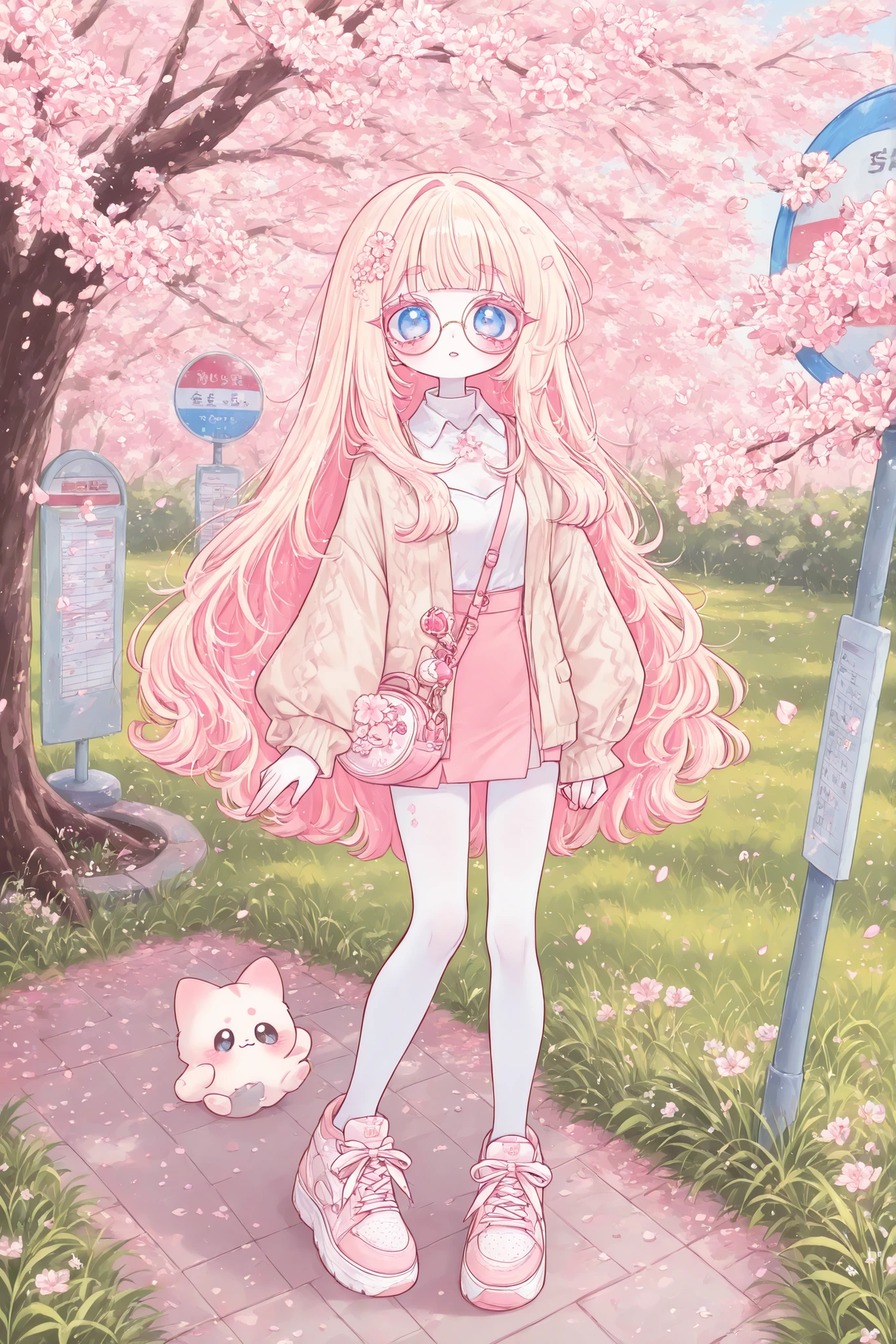 (edanoma_meu_illu,) The white-skinned Korean girl. She has white skin with pink blush. She has blue eyes, pink eyelashes and pink eyebrows. She has light Korean makeup, and her lips have pink gloss. She has straight longest ground-length bleached hair with Pink coloring. She wears round glasses with gold frames. She has pink and white sakura blossoms in her hair. She is wearing a long-sleeved mini top, beige miniskirt, beige jacket, She wearing white nylon tights, and pink oversized sneakers. On her shoulder she has a pink mini handbag with a keychain in the shape of a flower. in the background : a sunny spring day in Korea , at a bus stop, green grass, cherry blossoms around.