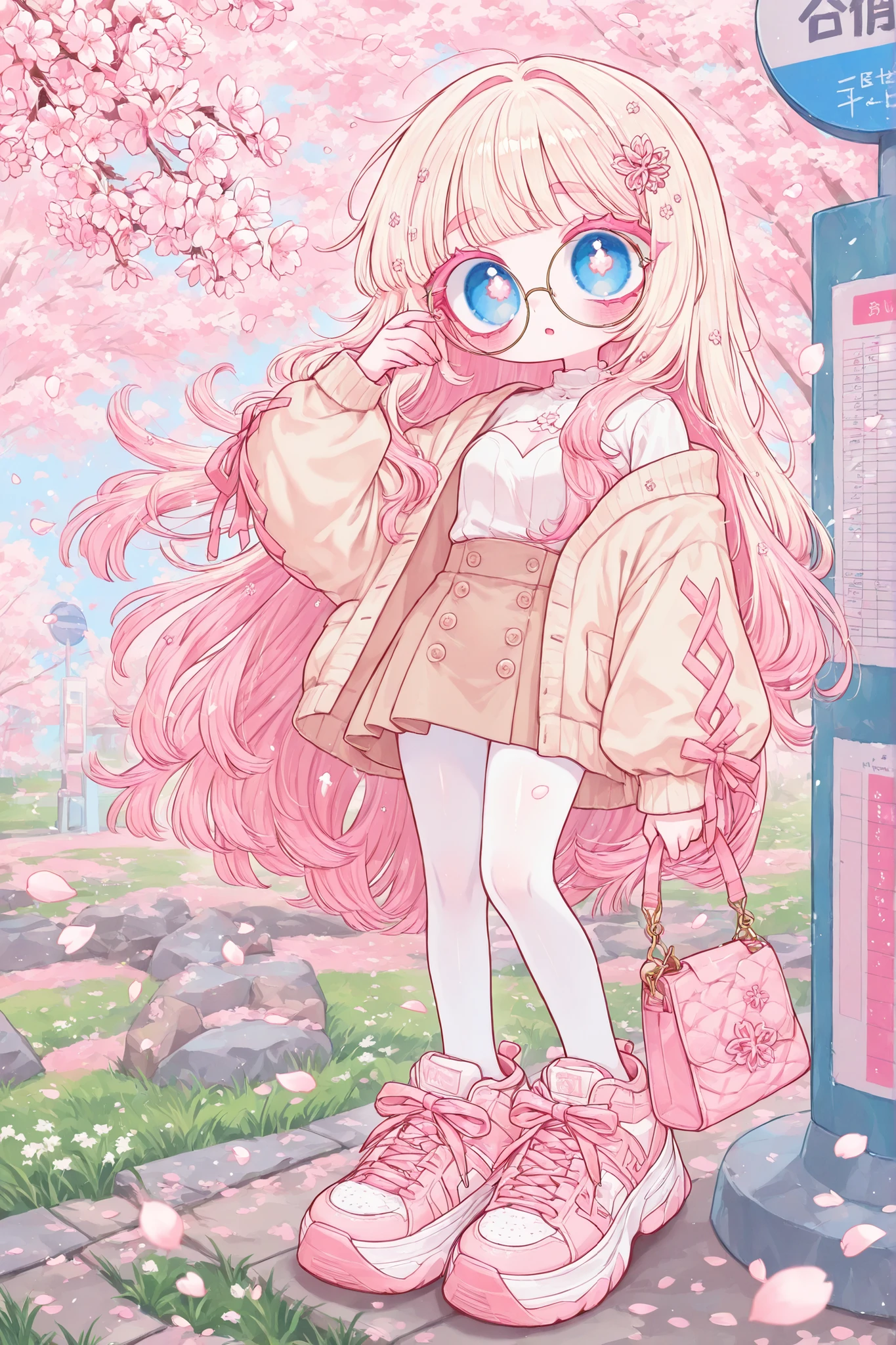 (edanoma_meu_illu,) The white-skinned Korean girl. She has white skin with pink blush. She has blue eyes, pink eyelashes and pink eyebrows. She has light Korean makeup, and her lips have pink gloss. She has straight longest ground-length bleached hair with Pink coloring. She wears round glasses with gold frames. She has pink and white sakura blossoms in her hair. She is wearing a long-sleeved mini top, beige miniskirt, beige jacket, She wearing white nylon tights, and pink oversized sneakers. On her shoulder she has a pink mini handbag with a keychain in the shape of a flower. in the background : a sunny spring day in Korea , at a bus stop, green grass, cherry blossoms around.