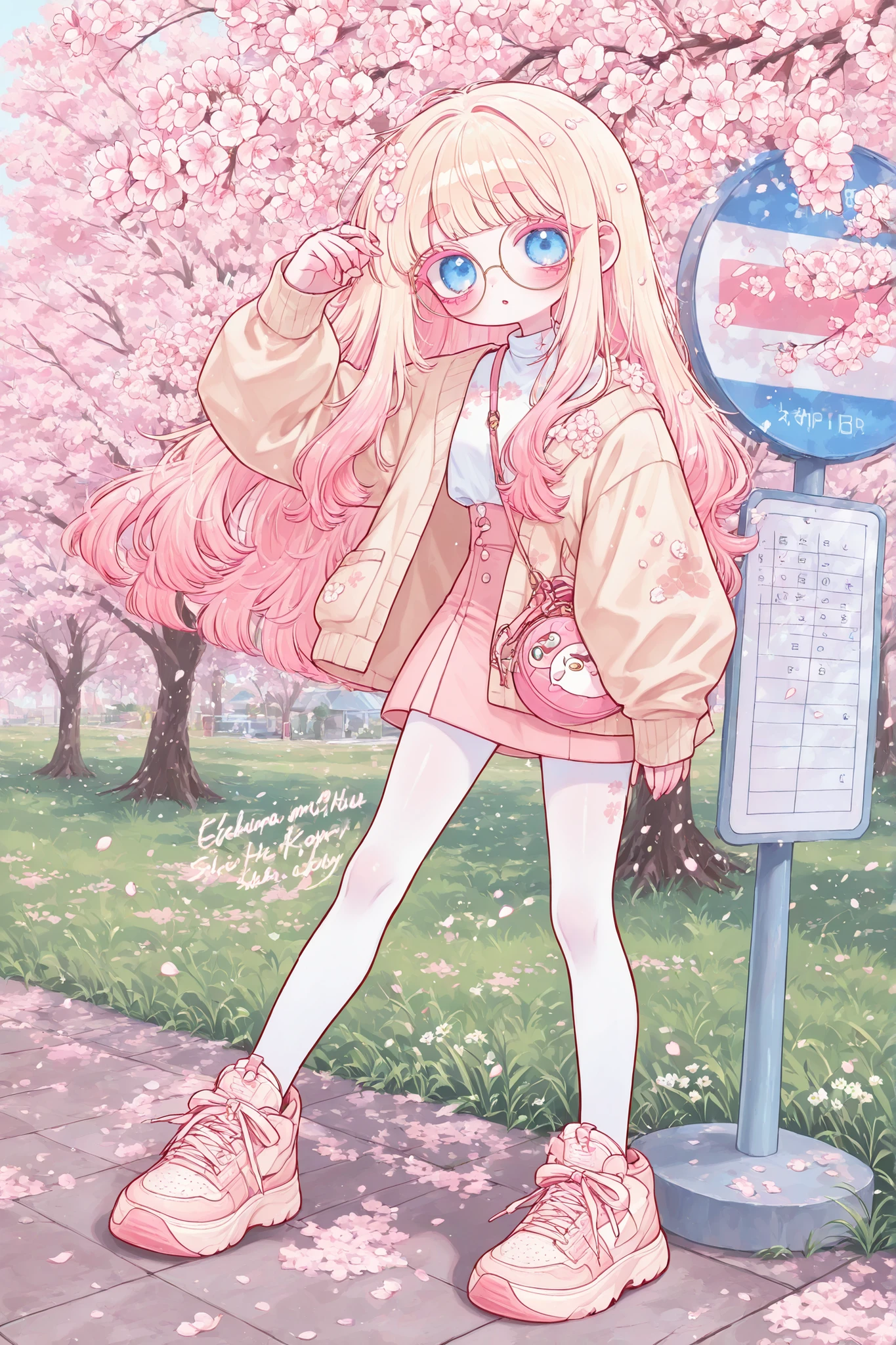 (edanoma_meu_illu,) The white-skinned Korean girl. She has white skin with pink blush. She has blue eyes, pink eyelashes and pink eyebrows. She has light Korean makeup, and her lips have pink gloss. She has straight longest ground-length bleached hair with Pink coloring. She wears round glasses with gold frames. She has pink and white sakura blossoms in her hair. She is wearing a long-sleeved mini top, beige miniskirt, beige jacket, She wearing white nylon tights, and pink oversized sneakers. On her shoulder she has a pink mini handbag with a keychain in the shape of a flower. in the background : a sunny spring day in Korea , at a bus stop, green grass, cherry blossoms around.