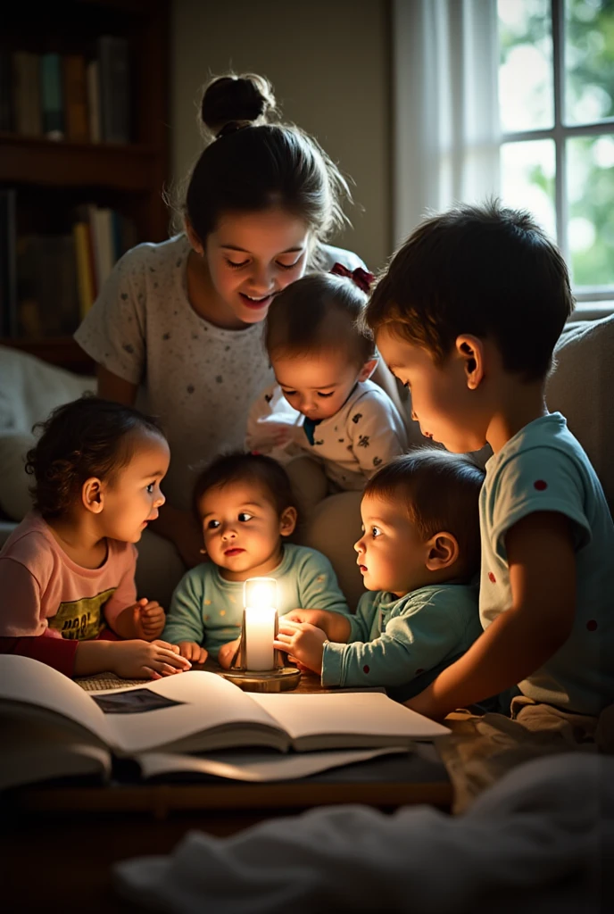 Two teenagers, one holding a baby, looking sad, and the other studying with her friends.