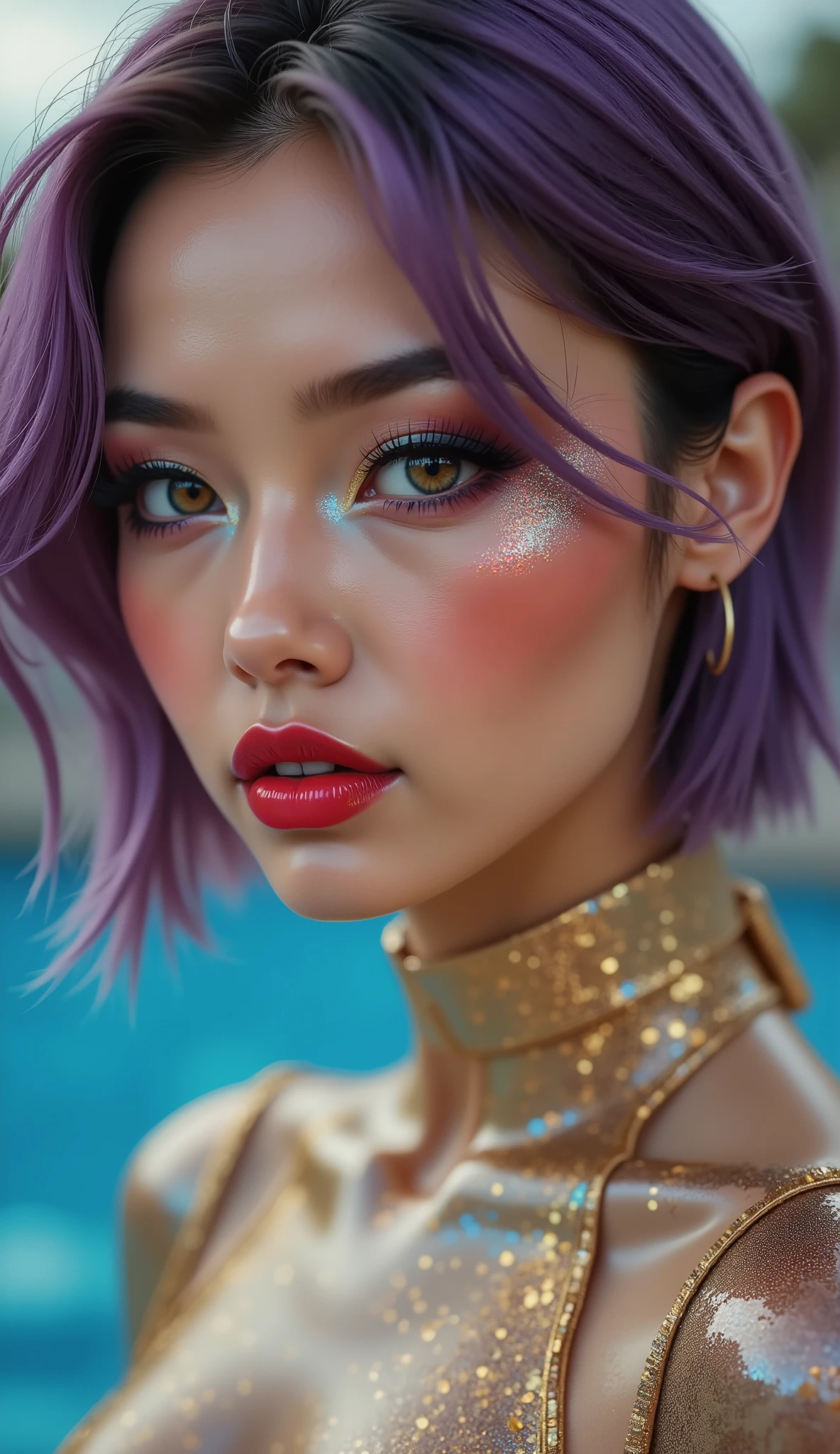  photorealistic Realism, (Ultra high resolution Realistic eyes clear, sharp, absurd quality, not blurry), [long blue_eyelashes:1.33][perfect dark_eyeshadow:pink:1.45][glossy red_lipstick:1.3] professional Magic Makeup on eyes:1.2, perfect composition\ {Character: "Beautiful Girl, full body shot" | Face: "symmetrical, pale skin, full lips, red lipstick: 1.25" | "ultra details Eyes: (acid-resistant terminology) (macro-details:1 . 5): * Moist corneal surface (visible aqueous layer:1 . 2) * Hyper-detailed iris stroma ((green) with gold flecks) * Precise limbal ring (slightly darker pigmentation:1 . 22) * Pupil micro-texture (irregular edge authenticity:0 . 9) * - "Lashes: blue individual synthetic fibers (crosshatched roots:1 . 2 ,clump-free separation)" (Post-Processing: - "Frequency separation for skin vs eye details" - "Selective sharpening: eyes150%,hair80%" - "Denoise: luminance20,color35(retain corneal speculars)" A woman with velvety skin:1.33, {((short [purple,orange:hair], (bobcat)), extremely detailed:1.25))}, photo of the most beautiful artwork in the world, professional majestic (photography by Steve McCurry), 8k uhd, dslr, soft lighting, high quality, Fujifilm XT3 sharp focus, f 5.6, ((perfect hands:1.2)), ((perfect female body:1.4)), (firm and full breasts:1.4)), light pale complexion, (transparent color pvc ((Shiny dark-golden Transparent Holographic Full Bodysuit))) , ((Ultra-stretchy-tighty bodysuit)), super reflective surfaces, [ultra smooth PVC material, [see-through:0.3] tight fitting dresses:1.25], ((in the stadion Grass)), 