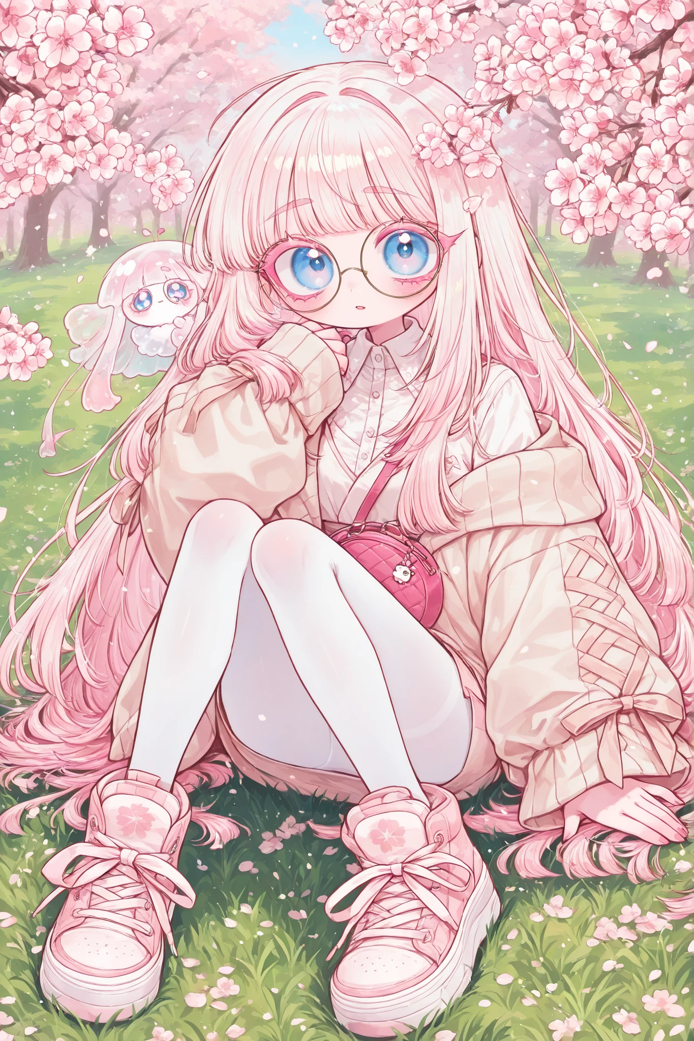 (edanoma_meu_illu,) The white-skinned Korean girl. She has white skin with pink blush. She has blue eyes, pink eyelashes and pink eyebrows. She has light Korean makeup, and her lips have pink gloss. She has straight longest ground-length bleached hair with Pink coloring,she has a jellyfish haircut. She wears round glasses with gold frames. She has pink and white sakura blossoms in her hair. She is wearing a long-sleeved mini top, beige miniskirt, beige jacket, She wearing white nylon tights, and pink oversized sneakers. On her shoulder she has a pink mini handbag with a keychain in the shape of a flower. in the background : a sunny spring day in Korea , at a bus stop, green grass, cherry blossoms around.