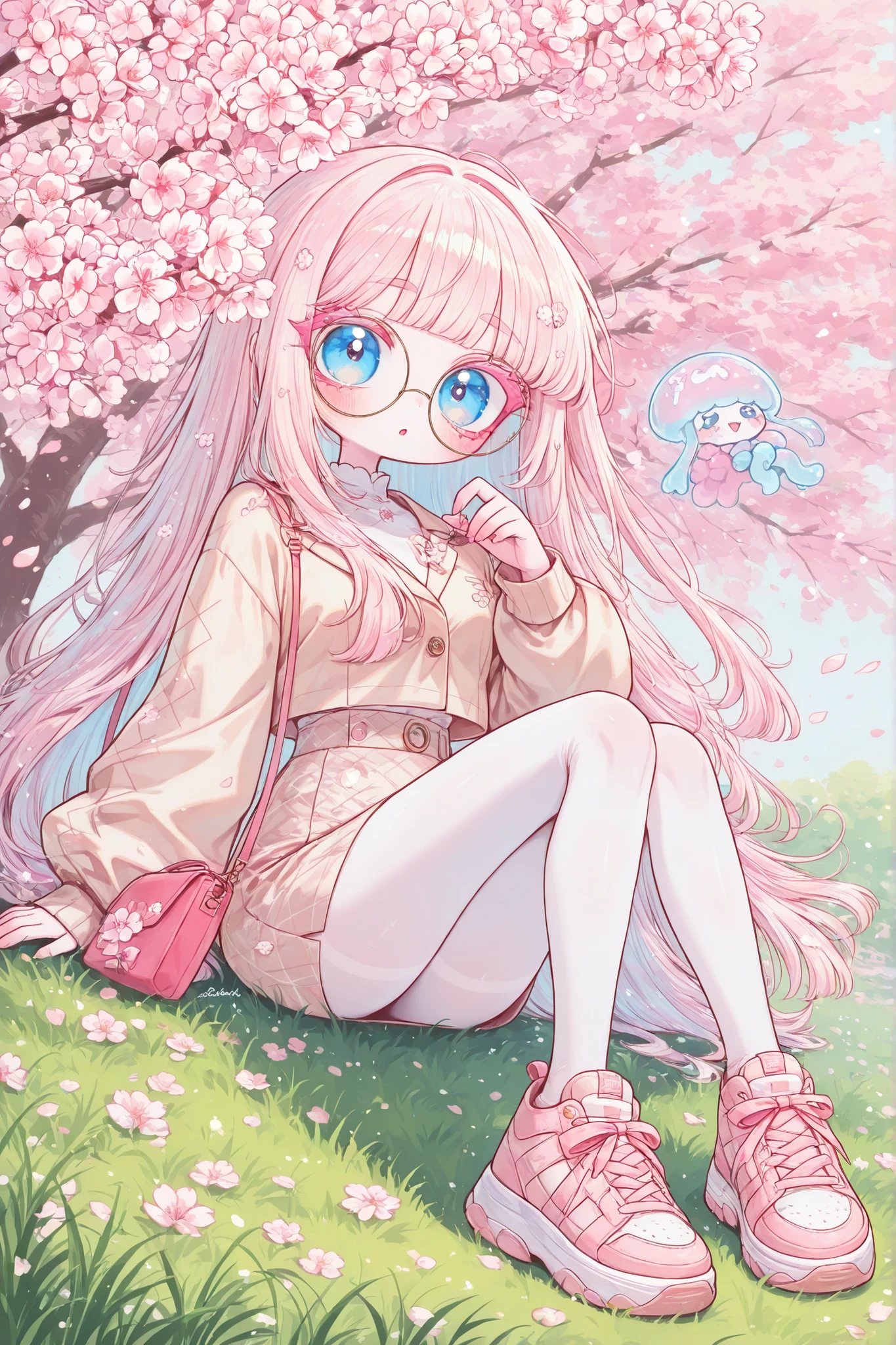 (edanoma_meu_illu,) The white-skinned Korean girl. She has white skin with pink blush. She has blue eyes, pink eyelashes and pink eyebrows. She has light Korean makeup, and her lips have pink gloss. She has straight longest ground-length bleached hair with Pink coloring,she has a jellyfish haircut. She wears round glasses with gold frames. She has pink and white sakura blossoms in her hair. She is wearing a long-sleeved mini top, beige miniskirt, beige jacket, She wearing white nylon tights, and pink oversized sneakers. On her shoulder she has a pink mini handbag with a keychain in the shape of a flower. in the background : a sunny spring day in Korea , at a bus stop, green grass, cherry blossoms around.