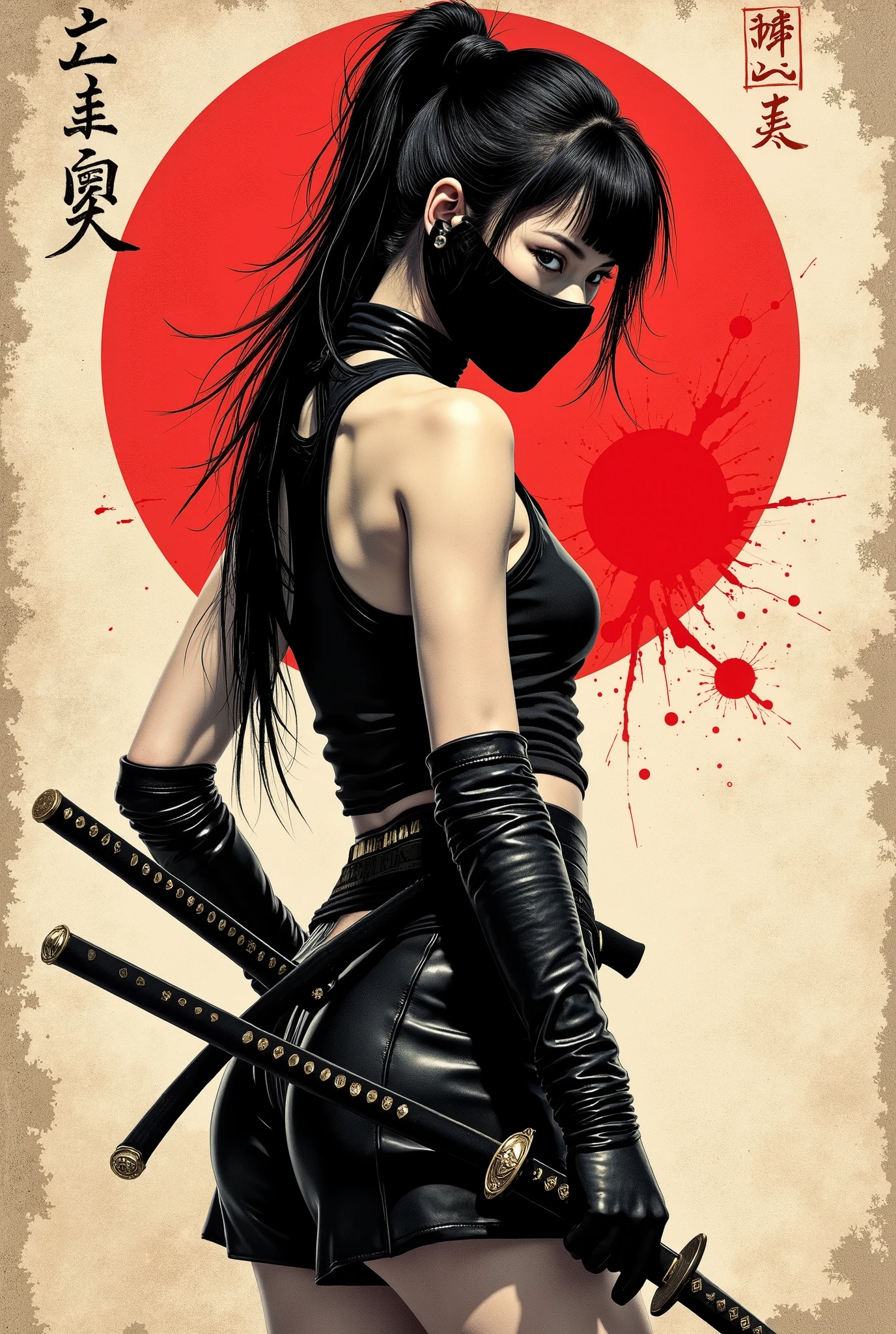 Young Asian ninja woman. She looks down seriously. Black leather ninja mask on the face. vista lateral. The body is effectively curved. seios enormes. corpo Atlético. Shoulders are thrown back. The arms are loosely lowered along the body. The head is slightly turned toward the observer. very dark and very long hair, gathered in a tall messy ponytail at the top of the head. Wears black leather tank top with bare shoulders. black leather gloves up to the biceps. duas katanas, one of which is tied around the back, and the other is on the belt on the other side. Wears short, tight black leather skirts. Sepia image .The background is an old wall, gasta e suja, once painted white. Caligrafia japonesa , Hieroglyphs. The big red circle stylized that recalls a Japanese flag, carelessly painted with a large brush. Cuts and splashes of red ink. The texture of the worn wood . Splashes of dirt They scratch the entire surface of the lower part. The overall artistic style is colorful and slightly rough, como um velho, beaten poster. The color scheme is soft and dark. The emphasis is on details and the sense of calm, poder. Conecte-se, No estilo samurai, ink graphics. linhas de movimento, Framed within a frame. obra-prima, super detalhe, 8k