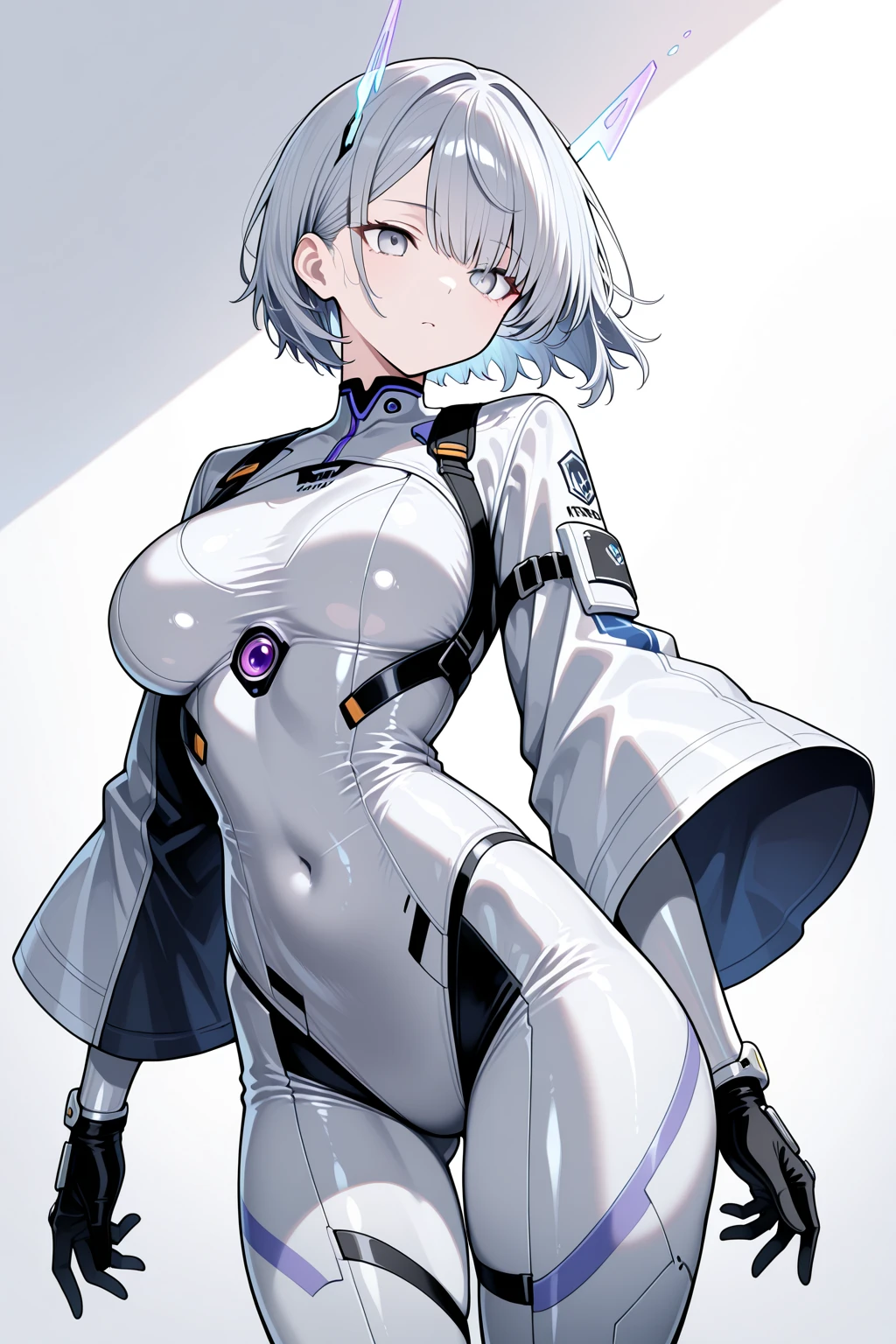 (one anime girl, glasses, white short hair, huge breasts, white futuristic suit, watching on viewer, shy pose), ((white background)),(((in full growth,full body)))