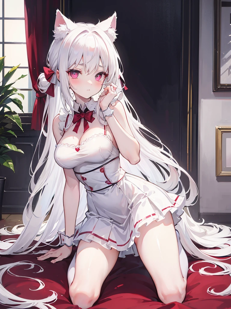 big breasts,突出big breasts,Wearing maid outfit,blush, surprise,look at me,red pupils,Lace tights,beautiful hair、 beautiful eyes、 beautiful skin、beautiful legs、beautiful arms、perfect fingers、 very cute,white hair, long hair,white cat ears, white cat tail,best quality,high resolution,top quality、 looking at the audience,sitting,kneeling&Place on the bed,Knees together,internal figure eight,pink bows,slender eyebrows,hair slightly moist,On a very large white bed, white pillows,perfect waist,Skirt has cutouts at the end,Pouting,The clothes are a little wet,little girl,very young,18 years old,shy smile,Long messy white hair tied up,tempting pose,chiaroscuro,bare shoulders,Naked room,slit sleeves,There are a few drops of water on the breast,bare legs,barefoot,Ray tracing,disdainful expression,Lift up the skirt slightly with both hands,Beautiful girl alone,Most of the body is exposed,