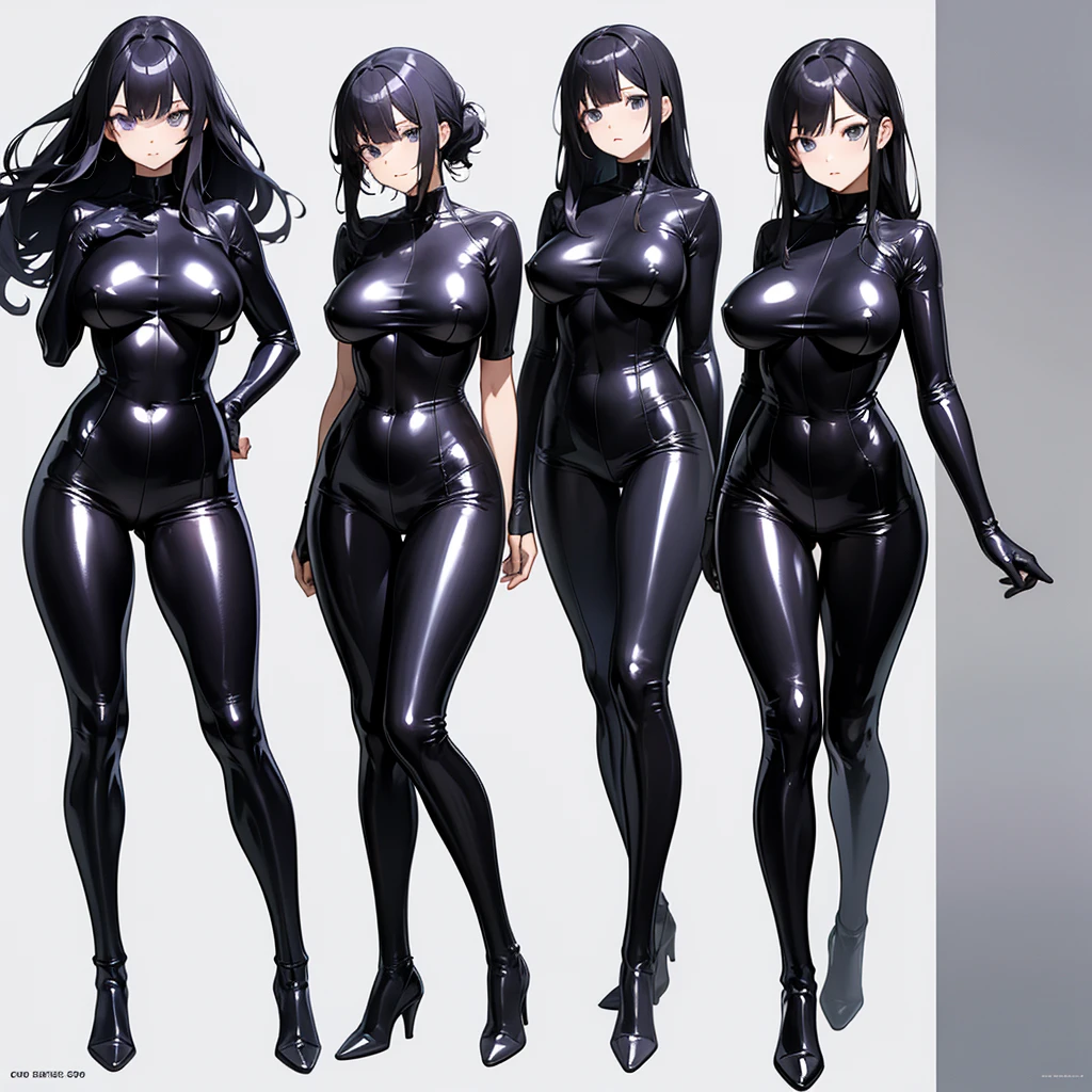 masterpiece, best quality, highres, 1girl, solo, superhero, leotard, bare legs, matching boots, sleeveless, looking at viewer, perfect hands, perfect eyes, perfect leotard, perfect legs, perfect arms, perfect fingers, medium breasts, black leotard, standing, (black hair), long hair, knee boots, blue eyes, heart cutout, cute face, hair down, bangs, sleeveless, black gloves, black footwear, cleavage cutout, evil smile, full body with costume. Simple background, Multiple Views, Character Sheet Full-Length. sfw.