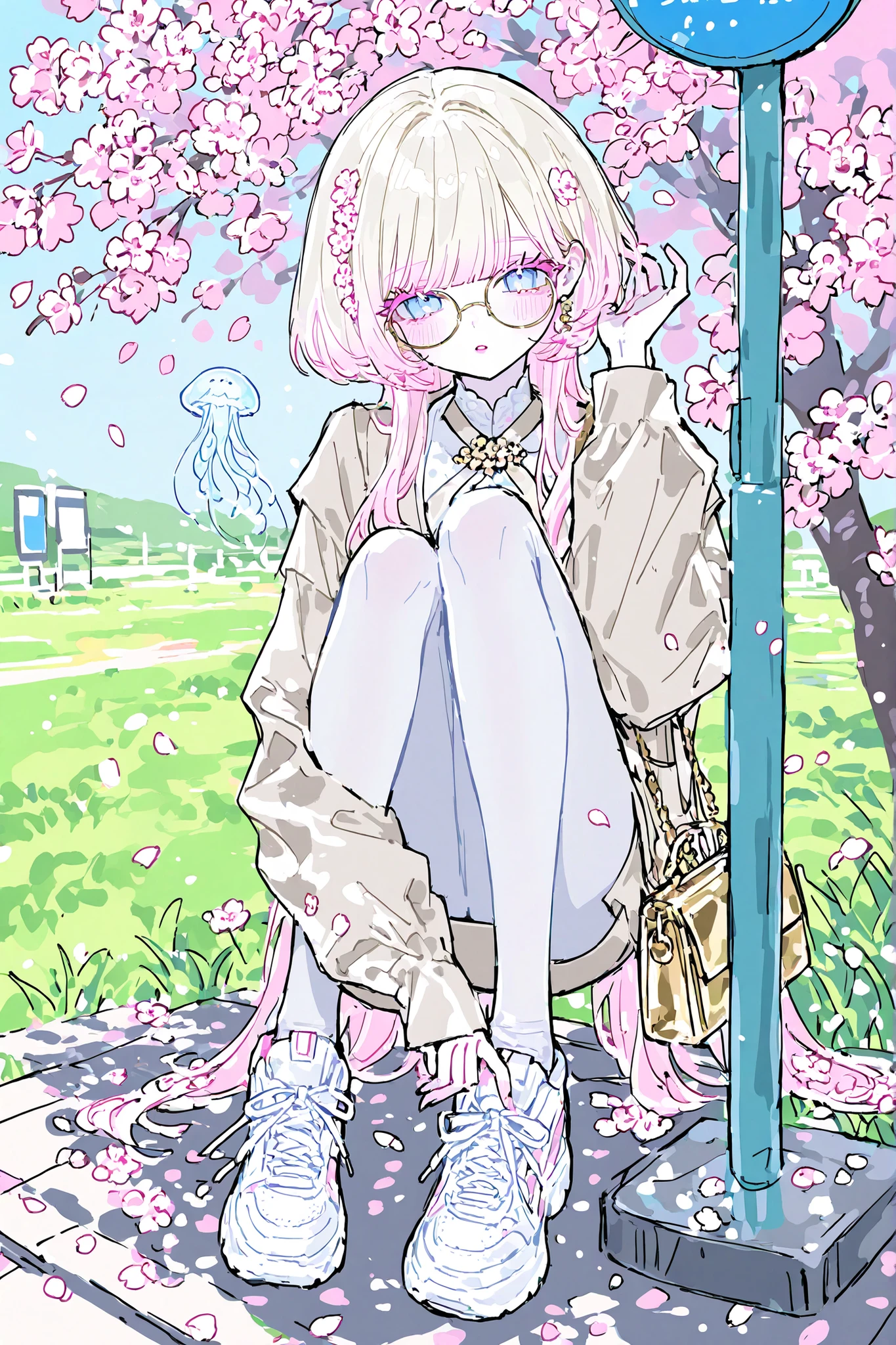 (ma1ma1helmes_b_illu,sketch,) The white-skinned Korean girl. She has white skin with pink blush. She has blue eyes, pink eyelashes and pink eyebrows. She has light Korean makeup, and her lips have pink gloss. She has straight longest ground-length bleached hair with Pink coloring,she has a jellyfish haircut with bangs. She wears round glasses with gold frames. She has pink and white sakura blossoms in her hair. She is wearing a long-sleeved mini top, beige miniskirt, beige jacket, She wearing white nylon tights, and pink oversized sneakers. On her shoulder she has a pink mini handbag with a keychain in the shape of a flower. in the background : a sunny spring day in Korea , at a bus stop, green grass, cherry blossoms around.