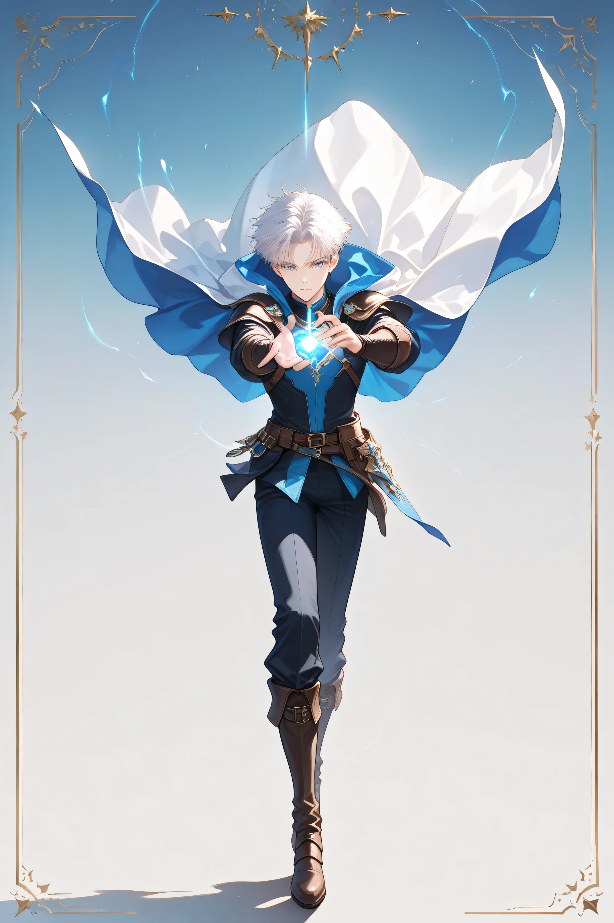 from front, anime, 1male, solo, Look at viewers, light skin, white hair, short hair, Blue fantasy clothes, Dramatic lighting, Cinematic, 4K quality, fantasy world, protagonist aura, anime boy, light blue eyes, casting a spell, dynamic pose, (full body:1.2), looking at viewer, cape, (masterpiece, best quality, ultra-detailed, best shadow), (Webtoon Poster), (beautiful anime-style character design), (high detail), delicate linework, rich vibrant colors,