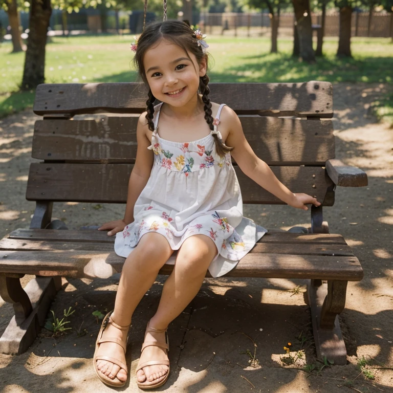Photo image of 4 year old girl long brown hair, ella sentada en banca de parque luciendo minifalda de mezclilla blusa amarilla pantis rosas y lindas sandalias