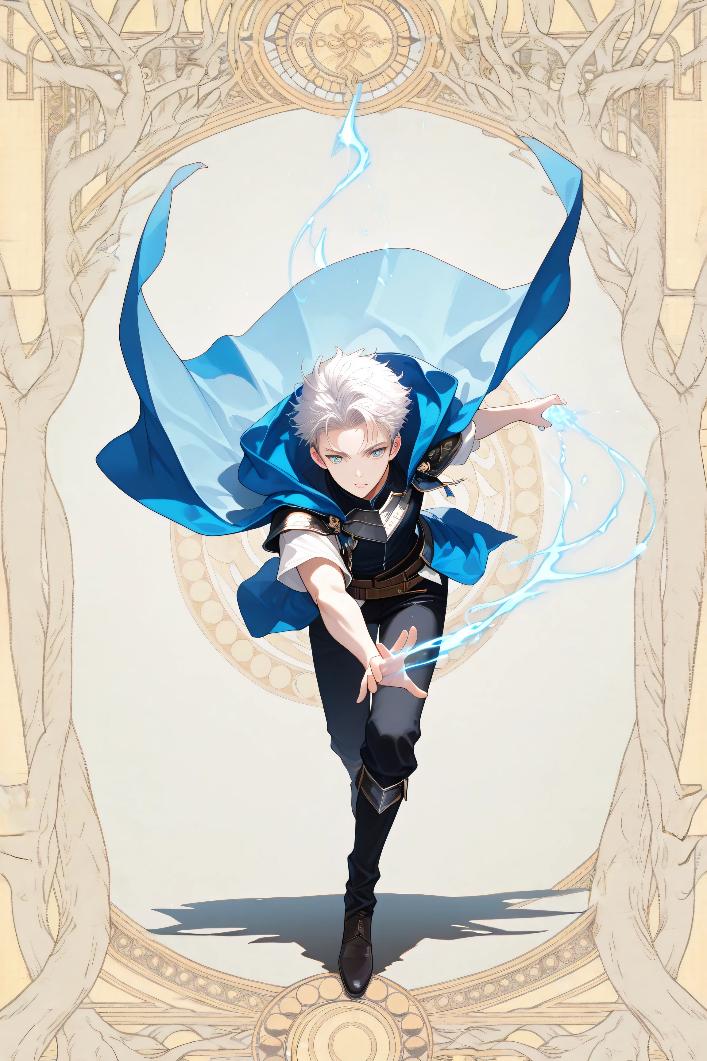 from front, anime, 1male, solo, Look at viewers, light skin, white hair, short hair, Blue fantasy clothes, Dramatic lighting, Cinematic, 4K quality, fantasy world, protagonist aura, anime boy, light blue eyes, casting a spell, dynamic pose, (full body:1.2), looking at viewer, cape, (masterpiece, best quality, ultra-detailed, best shadow), (Webtoon Poster), (beautiful anime-style character design), (high detail), delicate linework, rich vibrant colors,