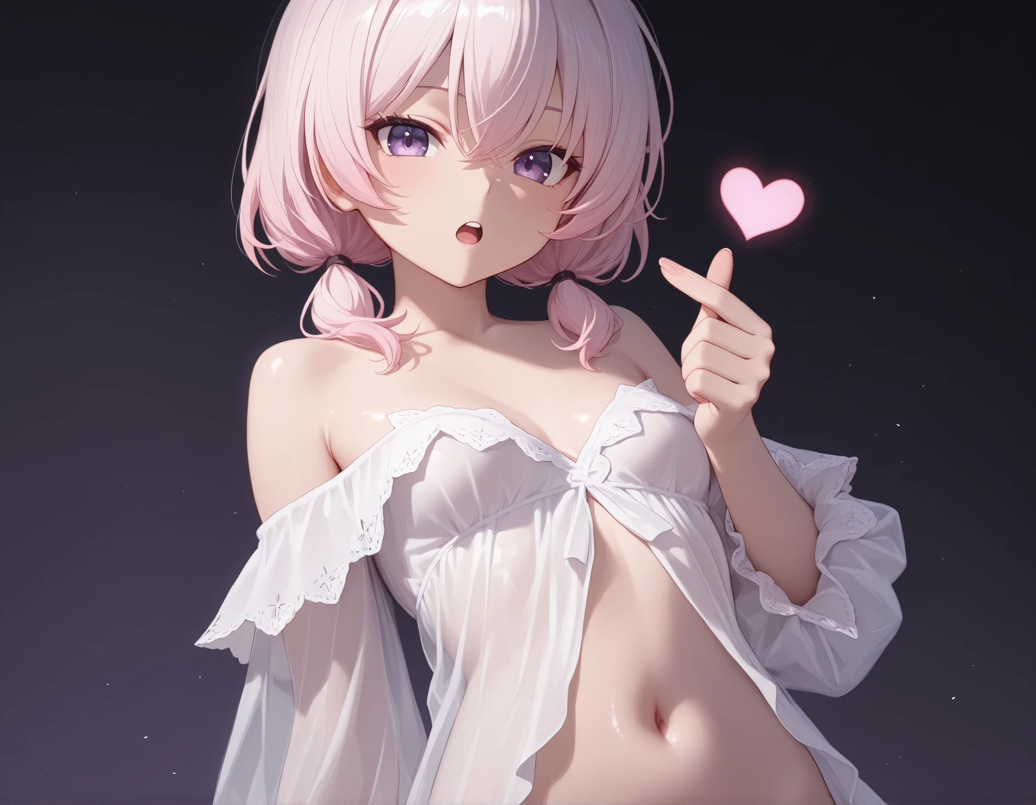(Holding a single white lily), Highly detailed, she is beautiful, (crossed thumbs and index fingers resemble a heart), cute girl, (front teeth, back, off-the-shoulder, small breasts), see-through clothing, navel, (detailed dark purple eyes)), highly detailed face, (light pink short hair)), (light pink hair)), (low-tied pigtails)), captivating mystery, stunning clarity, delicate yet strong, innocent yet captivating, pure aura, sharp focus, clear lines, crisp contours, harmonious colors, masterpiece, highest quality, ultra-detailed, 8k resolution, perfect, single girl, solo, shiny highlights, detailed eyes with intricate irises, large highlights, subtle intensity of gaze, face shot from below, facing towards the viewer, refined body, flawless skin. Detailed face, refined body, flawless skin.