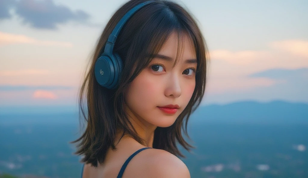 Best quality, masterpiece, super high resolution, (realistic: 1.4), original photo, head photo, skin, simple background, black eyes, detail, selfie, 1 girl, headphones, wheat field, stretch body, enjoy