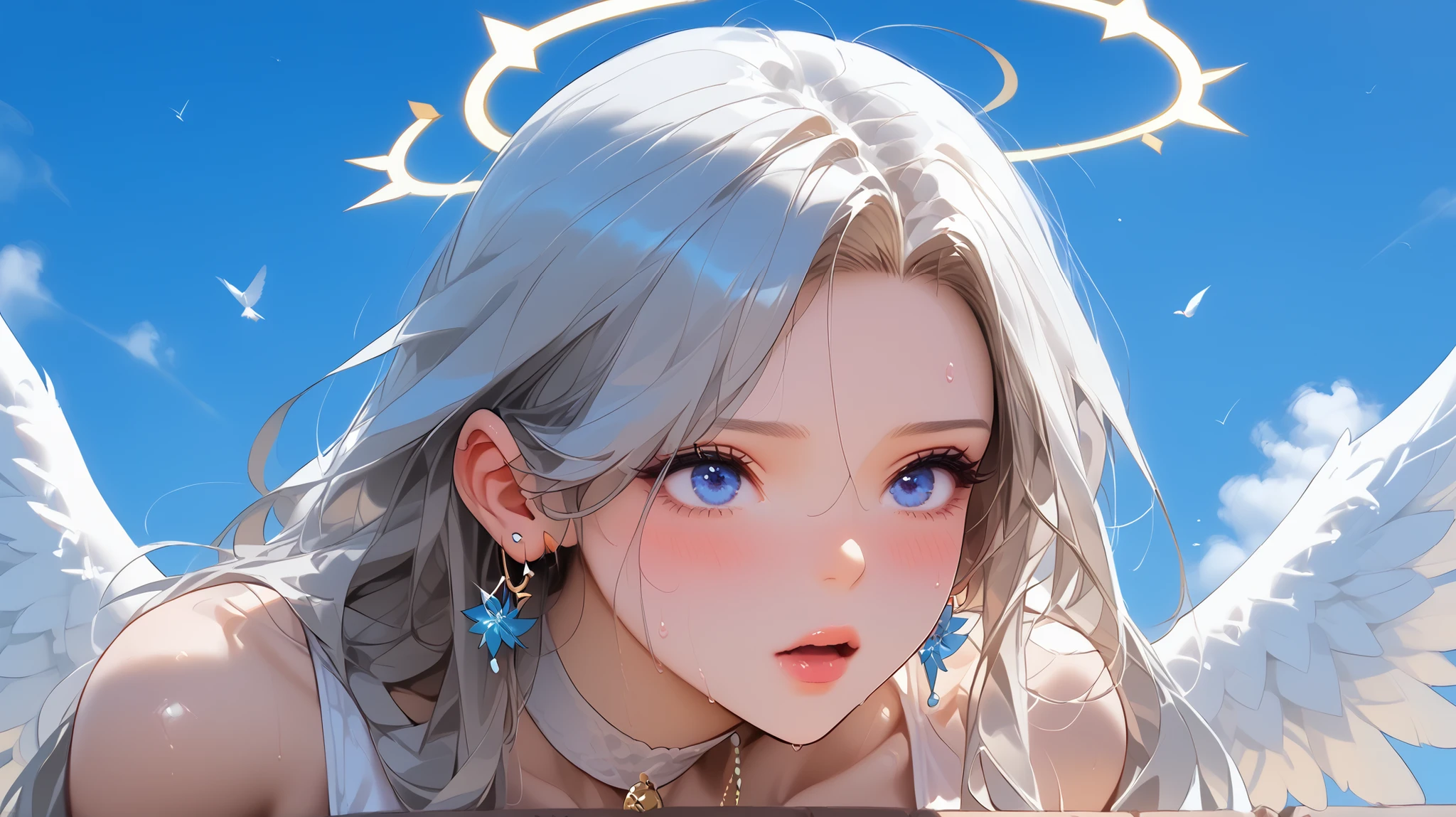 feetfocusILL, feet, soles, toes, mature female, milf, motherly, foot locking, score_9, score_8_consolation, score_7_consolation, score_6_consolation, score_5_consolation, score_4_consolation, Source _animation, Tag 1, Tag 2, Quality_masterpiece, Anatomically Accurate, angel, 1 girl, beautiful face, perfect face, 매우 디테일한 beautiful face과 눈, attractive face, detailed face inside a boarding school, delicate facial features, very big boobs, very big round boobs, Deep Bust, round and pretty breasts, fair white skin, shiny white skin, Soft Skin Without Wrinkles, sensual woman, 성숙한 angel, a pair of bird wings behind her shoulders, Feather Wings, Shining Halo on Her Head, Angel Halo, slim body,  glamour, Beautiful Woman in Sexy Lingerie, angel 스타일 란제리, puzzled, shy, Super High Quality, open your mouth, warm, sweating, sweat, sweat을 흘렸다, STEAM BREAK rating _Explicit, bent over, Orgasmic Beauties, silver hair, blue eyes, WHITE SEXY LINGERIE, white wings, WHITE GARTERBELT, white stockings, White choker, WHITE EARRINGS, WHITE HALO, Above the sky, above the clouds, Shy beauty, Unbearable Expression, A sexually excited expression, various poses