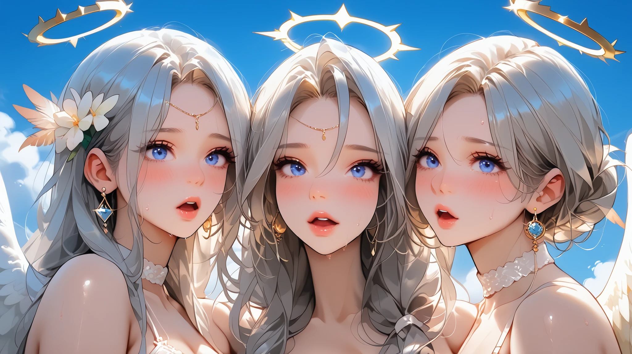 feetfocusILL, feet, soles, toes, mature female, milf, motherly, foot locking, score_9, score_8_consolation, score_7_consolation, score_6_consolation, score_5_consolation, score_4_consolation, Source _animation, Tag 1, Tag 2, Quality_masterpiece, Anatomically Accurate, angel, 1 girl, beautiful face, perfect face, 매우 디테일한 beautiful face과 눈, attractive face, detailed face inside a boarding school, delicate facial features, very big boobs, very big round boobs, Deep Bust, round and pretty breasts, fair white skin, shiny white skin, Soft Skin Without Wrinkles, sensual woman, 성숙한 angel, a pair of bird wings behind her shoulders, Feather Wings, Shining Halo on Her Head, Angel Halo, slim body, glamour, Beautiful Woman in Sexy Lingerie, angel 스타일 란제리, puzzled, shy, Super High Quality, open your mouth, warm, sweating, sweat, sweat을 흘렸다, STEAM BREAK rating _Explicit, bent over, Orgasmic Beauties, silver hair, blue eyes, WHITE SEXY LINGERIE, white wings, WHITE GARTERBELT, white stockings, White choker, WHITE EARRINGS, WHITE HALO, Above the sky, above the clouds, Shy beauty, Unbearable Expression, A sexually excited expression, various poses