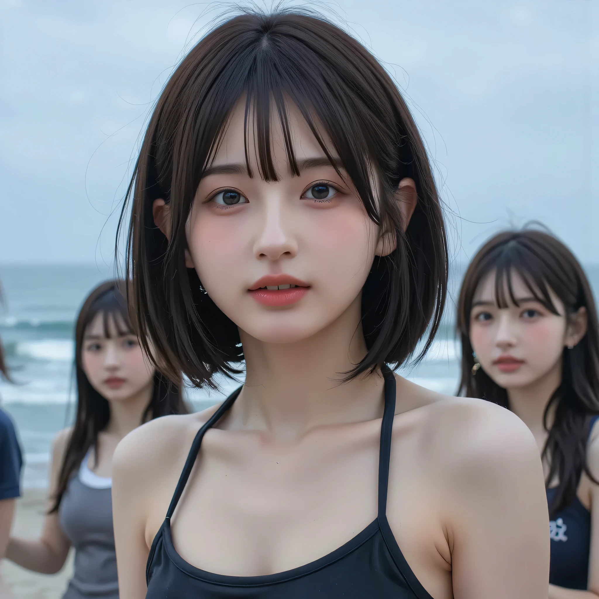 ( super realistic), (Awareness-raising), ( Hi-Res), (8k), ( several people having fun with each other while having very detailed ), (The best Awareness-raisingns), ( beautiful detailed eyes), (top-quality), ( ultra-detailed), (masterpiece), (wallpaper), ( detailed face), (Beautiful smiling face )、(Beautiful appearance)、 medium bob cut hair 、Bangs Piercing、solo、(((cute Japanese beautiful girl )))、 realistic skin 、Décolletage、 medium chest with open valley 、 swimsuit、full bodyesbian、Mare、 beach 、 cute little 、