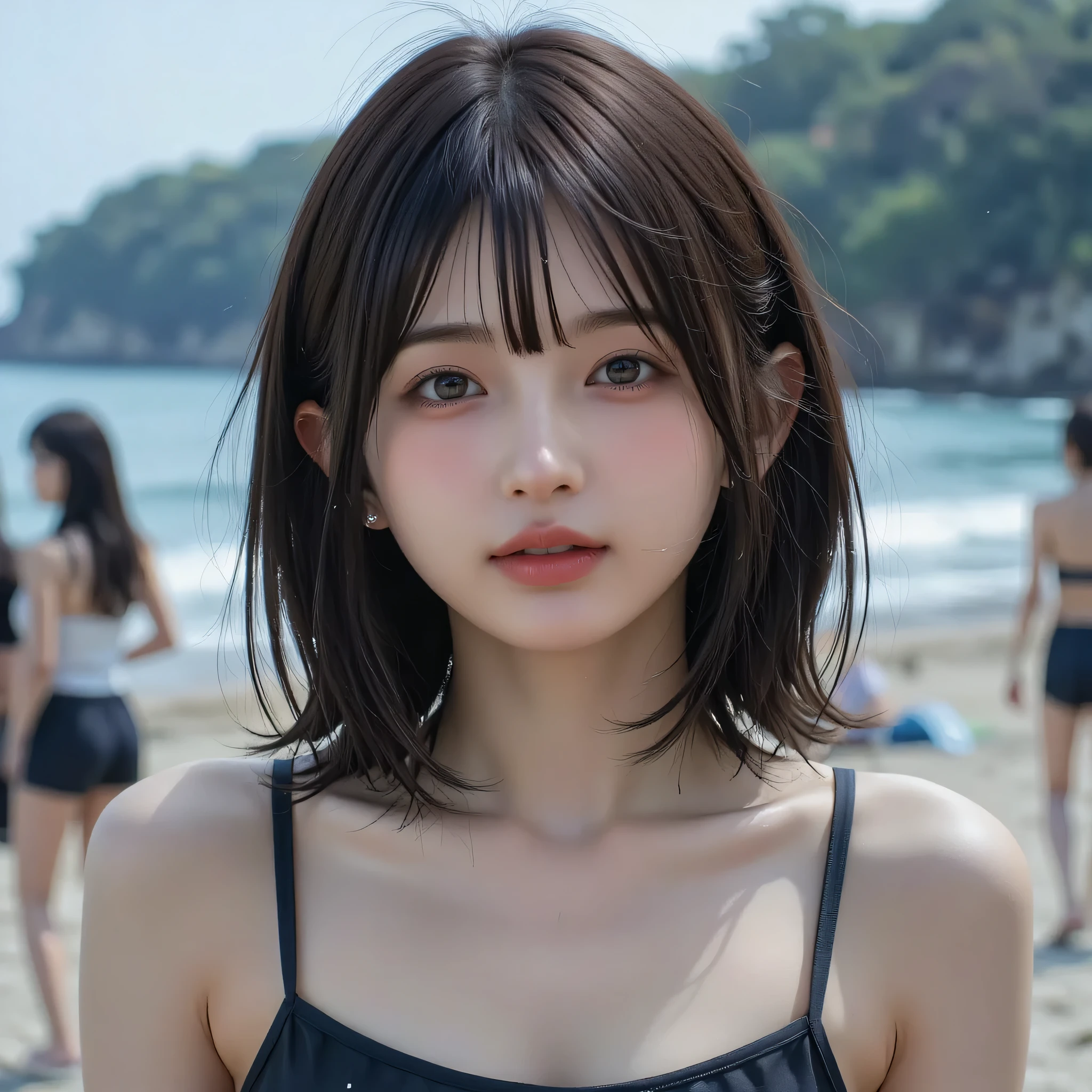 ( super realistic), (Awareness-raising), ( Hi-Res), (8k), ( several people having fun with each other while having very detailed ), (The best Awareness-raisingns), ( beautiful detailed eyes), (top-quality), ( ultra-detailed), (masterpiece), (wallpaper), ( detailed face), (Beautiful smiling face )、(Beautiful appearance)、 medium bob cut hair 、Bangs Piercing、solo、(((cute Japanese beautiful girl )))、 realistic skin 、Décolletage、 medium chest with open valley 、 swimsuit、full bodyesbian、Mare、 beach 、 cute little 、