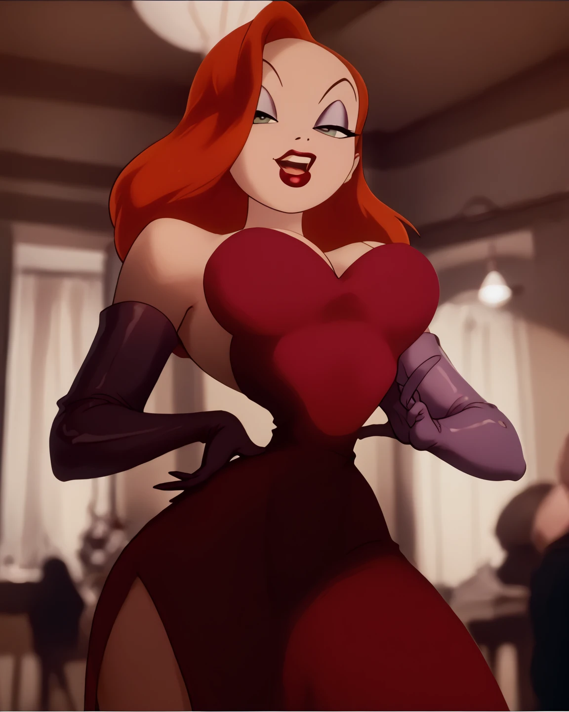 alastor, solo, 1girl, (huge breasts:1.5), grey skin, red suit, facing forward, ahegao, low-angle view, looking down at breasts, posing, score_9_up, score_8_up, score_7_up, score_6_up, score_5_up, score_4_up, score_3_up, score_2_up, score_1_up, screencap