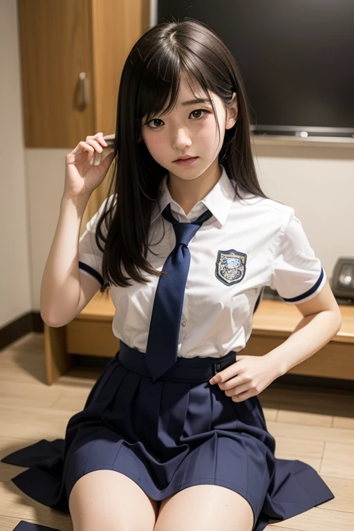 (masterpiece:1.2), Japanese, (14 years old), (a girl), room, (pretty school uniform), thighs, bedroom,