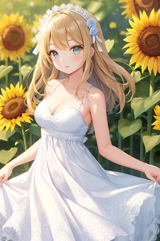 by 35s00, by 3meiji, by 5eyo, by 7nu, by 7thknights, thin-pasto, flat-pasto, cel shading, pseudo-impasto, 1girl, solo, smile, dress, flower, blonde hair, blue eyes, outdoors, blush, closed mouth, short hair, bare shoulders, looking at viewer, collarbone, day, sleeveless dress, white dress, hair between eyes, bangs, yellow flower, sleeveless, beautiful, detailed, (best quality:1.3)