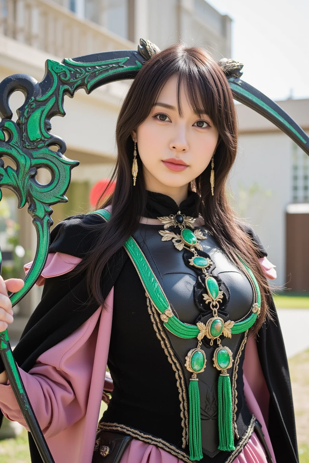 emerald tiara, Green Pearl Necklace, Boyish very short green hair, lipsticks, Japan woman smiling, very short short hair,  big breasts beautiful, Green eyes, Long green gloves made of satin material, Green eyes, Emerald Earrings, green vale, Heart with both hands