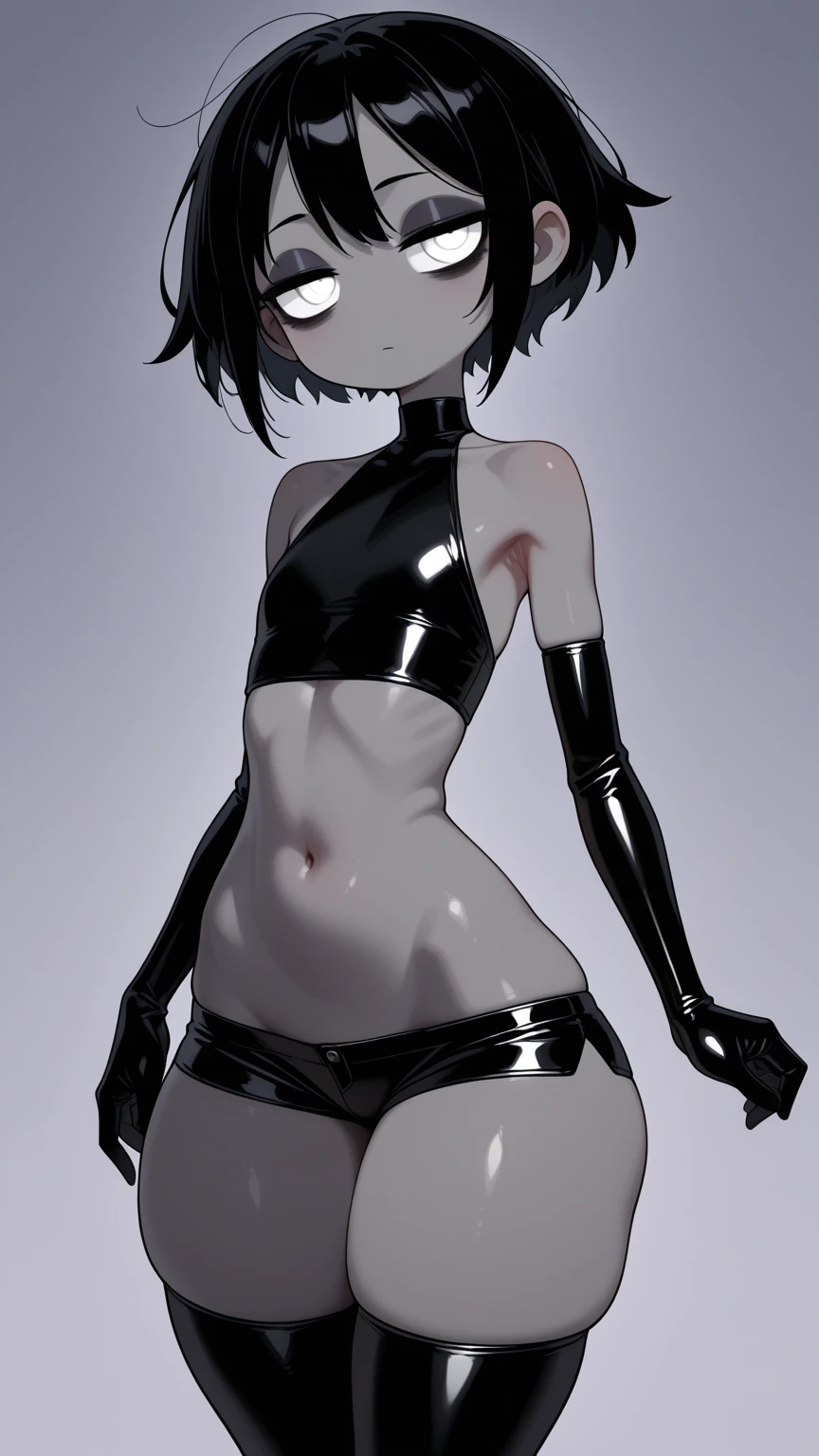 Solo:1.5, by fumiko, by hyattlen, by claweddrip, female, an all white lop rabbit, ((fluffy white rabbit tail)):2, droopy white rabbit ears, black mascara, black make up, black eyes, small breasts, black short emo hair, black hair, full body shot, wearing gothic lingerie , thigh high spiked boots, seductive pose, portrait, close up
