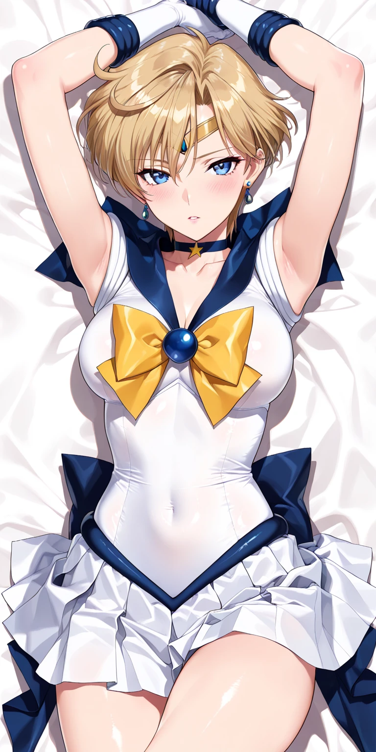 (best quality:1.1), (masterpiece:1.4), (absurdres:1.0), portrait, close-up, 1girl, sailor uranus, KizukiAi, mature woman, small breasts, aqua eyes, blonde hair, sailor senshi uniform, sailor collar, chest bow, back bow, perfect , , (1man and 1girl,having sex:1.6),((missionary position,(lying in bed:1.2),bird’s eye view))