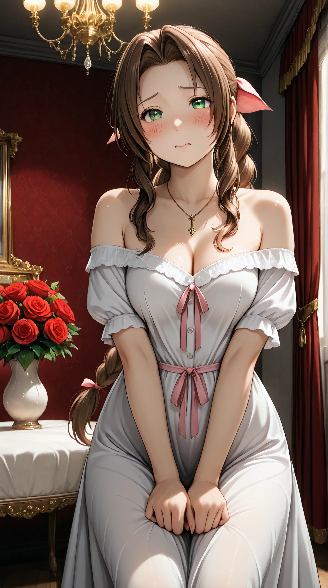 (masterpiece:1.2, top-quality, ultra high res, ultra detailed), (realistic, photorealistic:1.4), beautiful illustration, (natural side lighting, movie lighting), depth of fields,
looking at viewer, bust photo, 1 girl, 16 years old, perfect face, (perfect anatomy), cute and symmetrical face, baby face, shiny skin, slender
(semi-long hair, side ponytail, light brown hair), parted bangs, brown eyes, pink lips, long eye lasher, (large breasts:1.3),
beautiful hair, beautiful face, beautiful detailed eyes, beautiful clavicle, beautiful body, beautiful chest, beautiful thigh, beautiful legs, beautiful fingers,
detailed cloth texture, white underwear, white bra, (weddingdress:1.5), veils,
(beautiful scenery), evening, crystal clear sunlight, (church, stained glass) sitting on the floor, spread legs,
(open one's legasturbation behavior, masturbation, rubbing the genitals with fingers. red blush, humiliated, impatience, dismay, frightened, glares, tears, embarrassed),