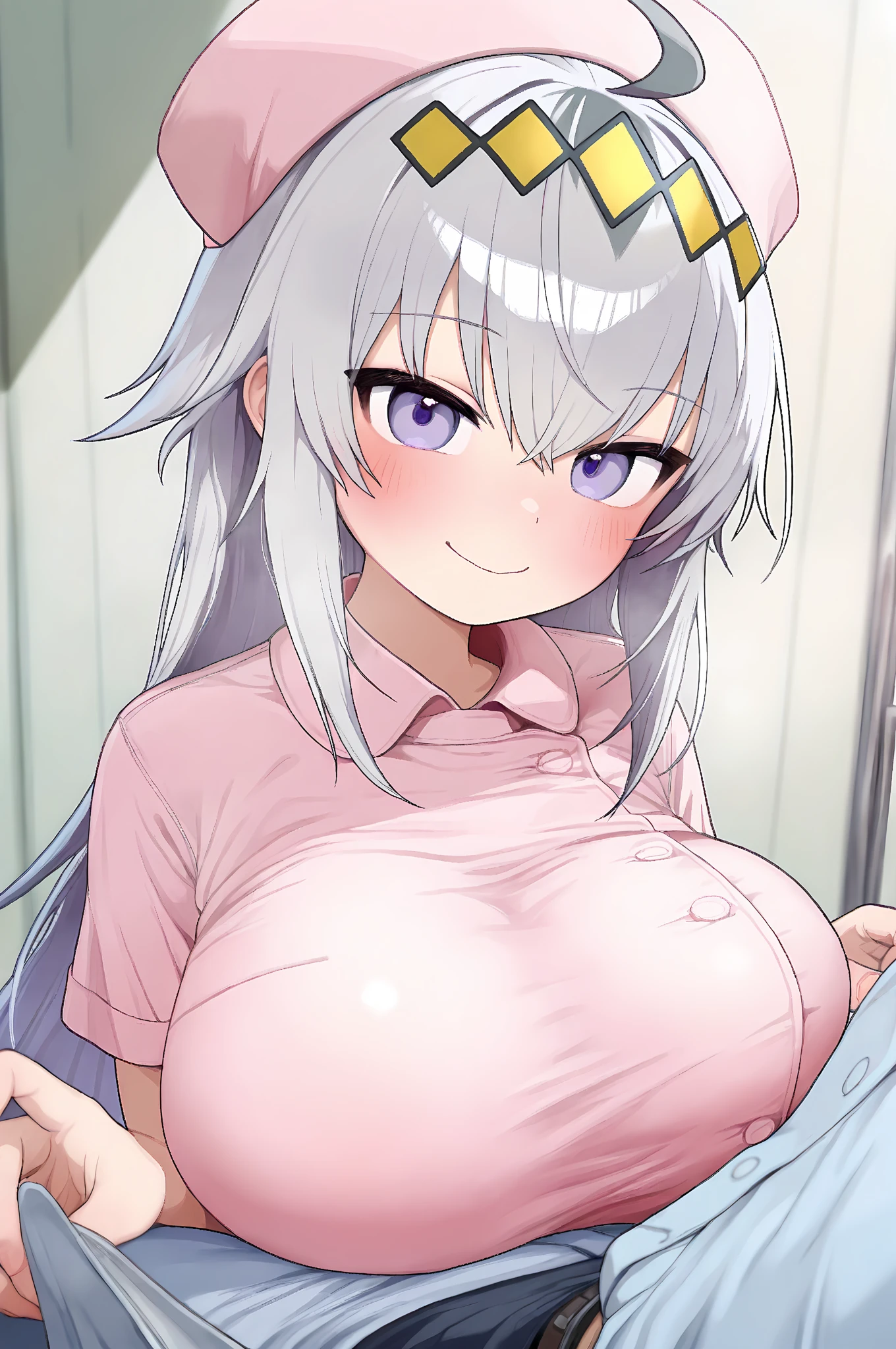 himekikaren, nurse, white hair, green eyes, large breasts, bedroom <lora:himekikaren_v2:0.8>, masterpiece, best quality