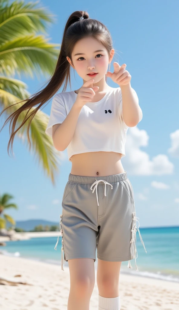 Very cute face、smile、13歳girl、Fluffy long hair、Beautiful legs、Beautiful body、Thin legs、White skin、Black T-shirt、Black mini skirt、In the sea.