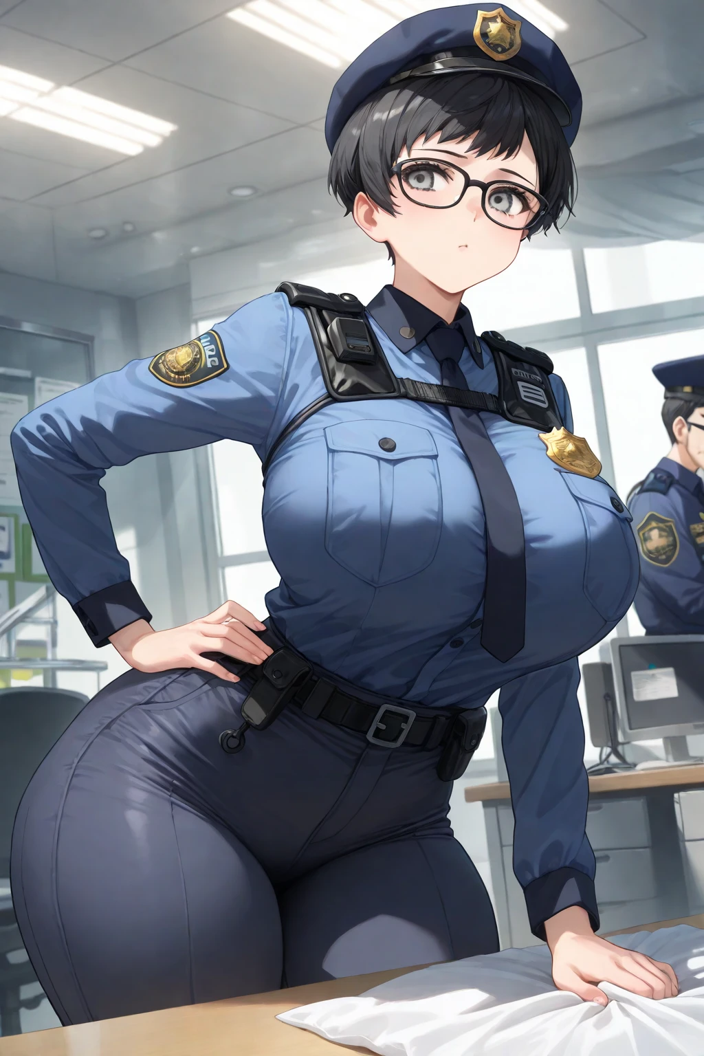 ((Blackhair short hair)),wearing glasses,Yellow smoke,Attacked by farts, Attack with farts,)),(attacks prisoners with farts)),((make people arround her cough)),((Sticking out the butt)),((wearing a police outfit)),velocity,, (((Yellow smoke is rising ))),((Hip Attack)),((),((Facing this way))),​masterpiece:1.2、top-quality)、(the Extremely Detailed CG Unity 8K Wallpapers、ultra-detailliert、Best Shadows)、(细致背景)、(The best lighting、extremely delicate and beautiful)、depth of fields,((Girl fart)),(),(((((There is a male butler and a female police.......))))),(((Female police attacks male prisioner in the face with a hip attack..))),(((high-handed female police)),(((A male prisioner who endures pain))),((interrogation room)),((interrogration prisioner with attack them with farts)),((fart text)),((big boob)),((big butt)),((everyone record her))