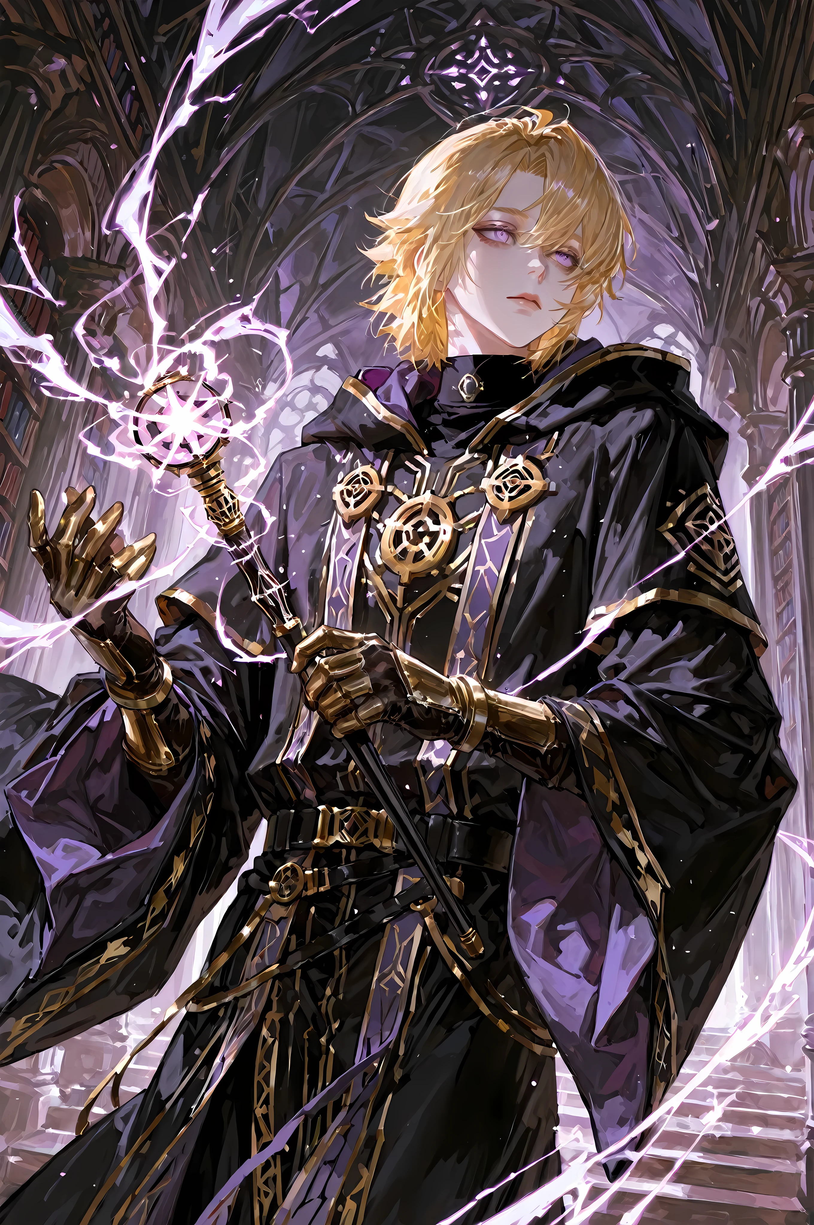 8k, beautiful masterpiece, looking ahead, alone, pale skin, Perfect Eyes shape, Athletic Build, ((He wears: long black robe with very wide sleeves and hood down, elegant black with purple accents wizard clothing, black belt with golden buckle, golden Eye of Agamotto amulet, arcane gloves)), (((background is library, is emotionless and somber while holding 1 "Elder Wand" and channeling energy))), mature man, 1 man, male-centered, handsome man, handsome, short hair, blonde hair, Thick painted, purplish eyes, Perfect Eyes, masterpiece, top quality, amazing quality, exquisite details, very detailed, semi-realism art, semi-realism art style