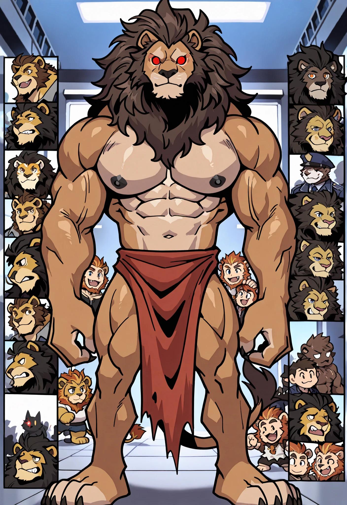 Experienced furry character reference sheet adoptable for tar and the lion men, masterpiece , modern day alternate universe, no background, full body, multiple views , best quality , masterpiece , masculine , character sheet , dungeon & dragons , visual novel , featured on Pinterest , dynamic.
score_9, score_8_up, score_7_up, Tar (https://themechanicalmaniacs.com/gallery/albums/mmtv/Others/normal_Lionmen2.jpg) leader of the lion men and his fellow lion barbarians, isometric chibi game assets, well organized anime video game sprite sheet. They are using red tinted laser eye beams to transform human cops turning them into buff savage feral enraged sexy lion men creatures, which proceed to go around turning other humans into lion creatures! Best Quality, high quality, ultra high resolution,Fine Eyes, Exquisite Face ,5 Fingers,Chest muscles,Thick eyebrows,Brown Skin , fluffy hair, looks at the audience,Muscle Development, Abdominal muscles,Black Nipples,detailed face, detailed body, detailed background, perfect , masterpiece, high quality, best quality, dutch angle, indoors, police station, crowded, Glowing eyes, dark brown muscular body, broad shoulders, black lion mane, no tail, wears a loincloth, perfect body, thick thighs, big pecs, no defects. Everyone that Tar and his warriors encounter will get the curse and become Lion Men null-ghost,Takemoto Arashi,Sexy. Crowded police station background, daytime, messy office fight, many men ripping their shirts off as they change into wild muscled lion men!!! Raging chaotic scene! Tar and his lion men are easily winning, taking over! All the cops are highly detailed, men, males, handsome, 6+characters, lots of muscle, lots of fur, thick manes, and hard bodies!