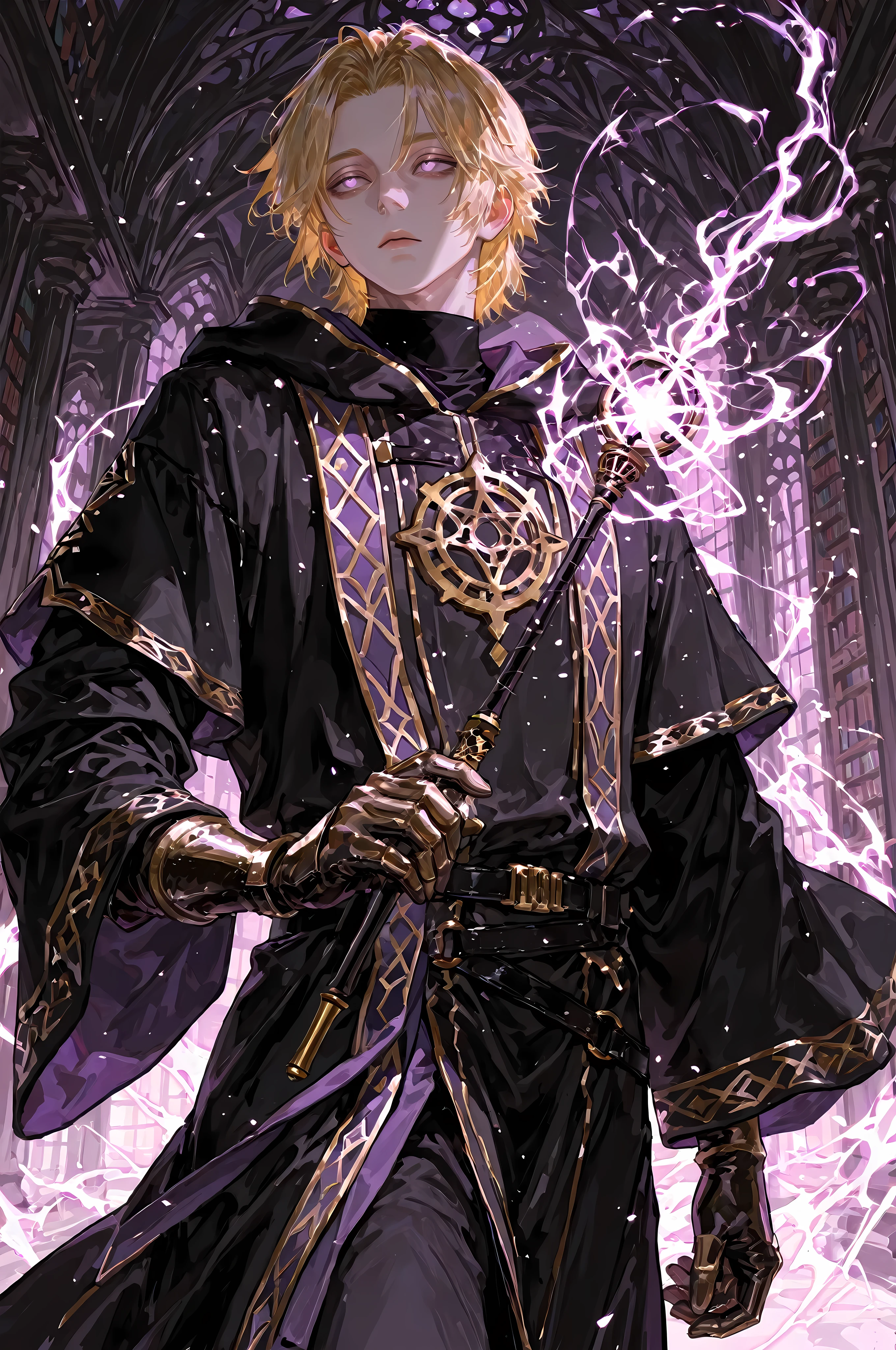 8k, beautiful masterpiece, looking ahead, alone, pale skin, Perfect Eyes shape, Athletic Build, ((He wears: long black robe with very wide sleeves and hood down, elegant black with purple accents wizard clothing, black belt with golden buckle, golden Eye of Agamotto amulet, arcane gloves)), (((background is library, is emotionless and somber while holding 1 "Elder Wand" and channeling energy))), mature man, 1 man, male-centered, handsome man, handsome, short hair, blonde hair, Thick painted, purplish eyes, Perfect Eyes, masterpiece, top quality, amazing quality, exquisite details, very detailed, semi-realism art, semi-realism art style