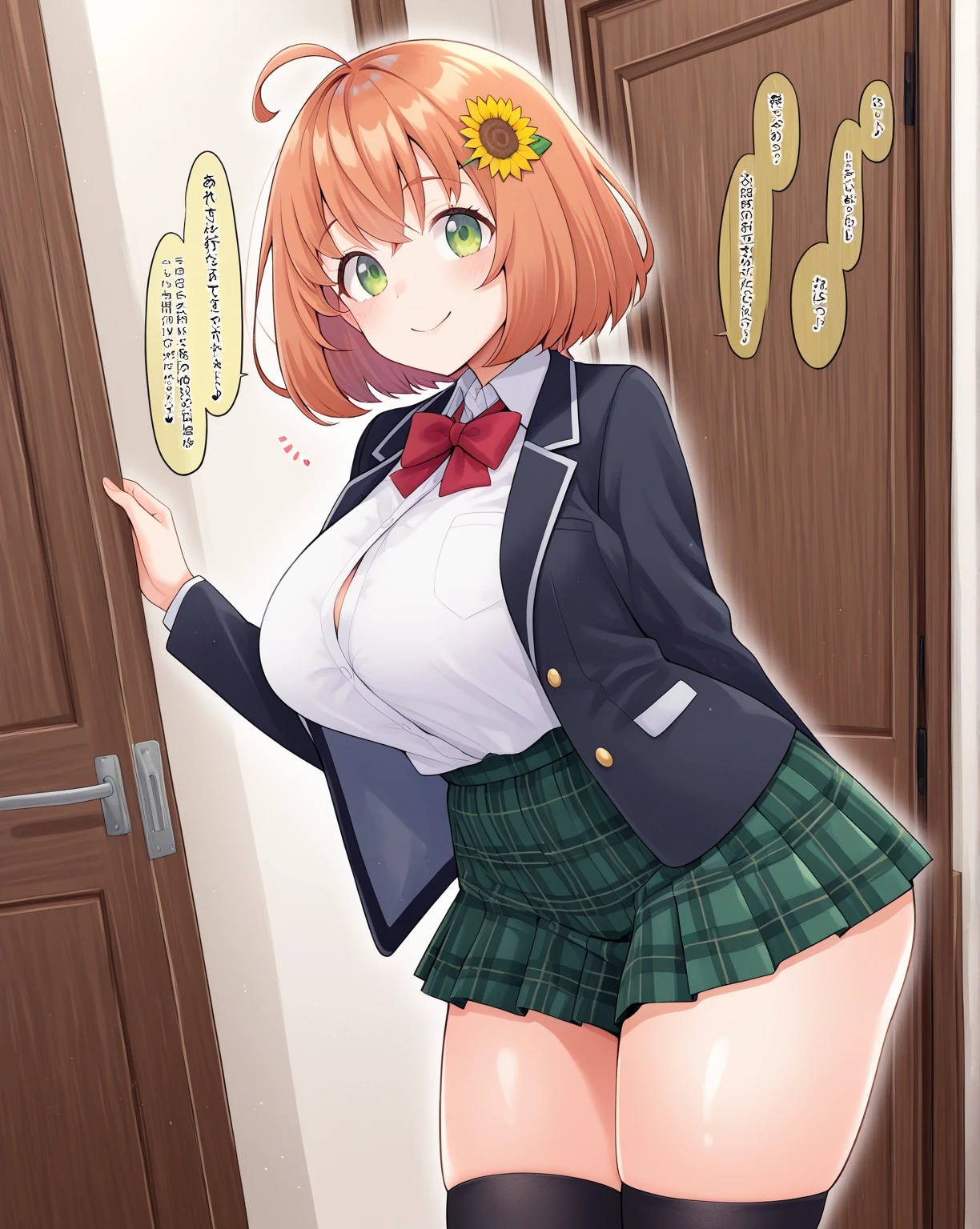 1 Cute naughty martial artist, Pastel colors hair, (huge breasts:1.6, Thighs:1.2, thick legs:1.2, curvy:1.2), yellow orange hair, (undercut:2.0, short two side up:1.2, medium hair:1.8), (naked:1.4), standard height, (blush:1.2, fang:1.2, ;d), at the adventurer's guild, A bulletin board with posted paper, fighting stance