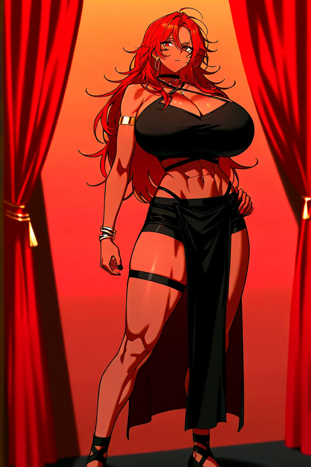 Masterpiece, best quality, Masterpiece, best quality, 1 woman, wavy red hair, sly face , black tank top, black panties , big breasts , Put your hands on your hips.... , Barefoot , convenience store