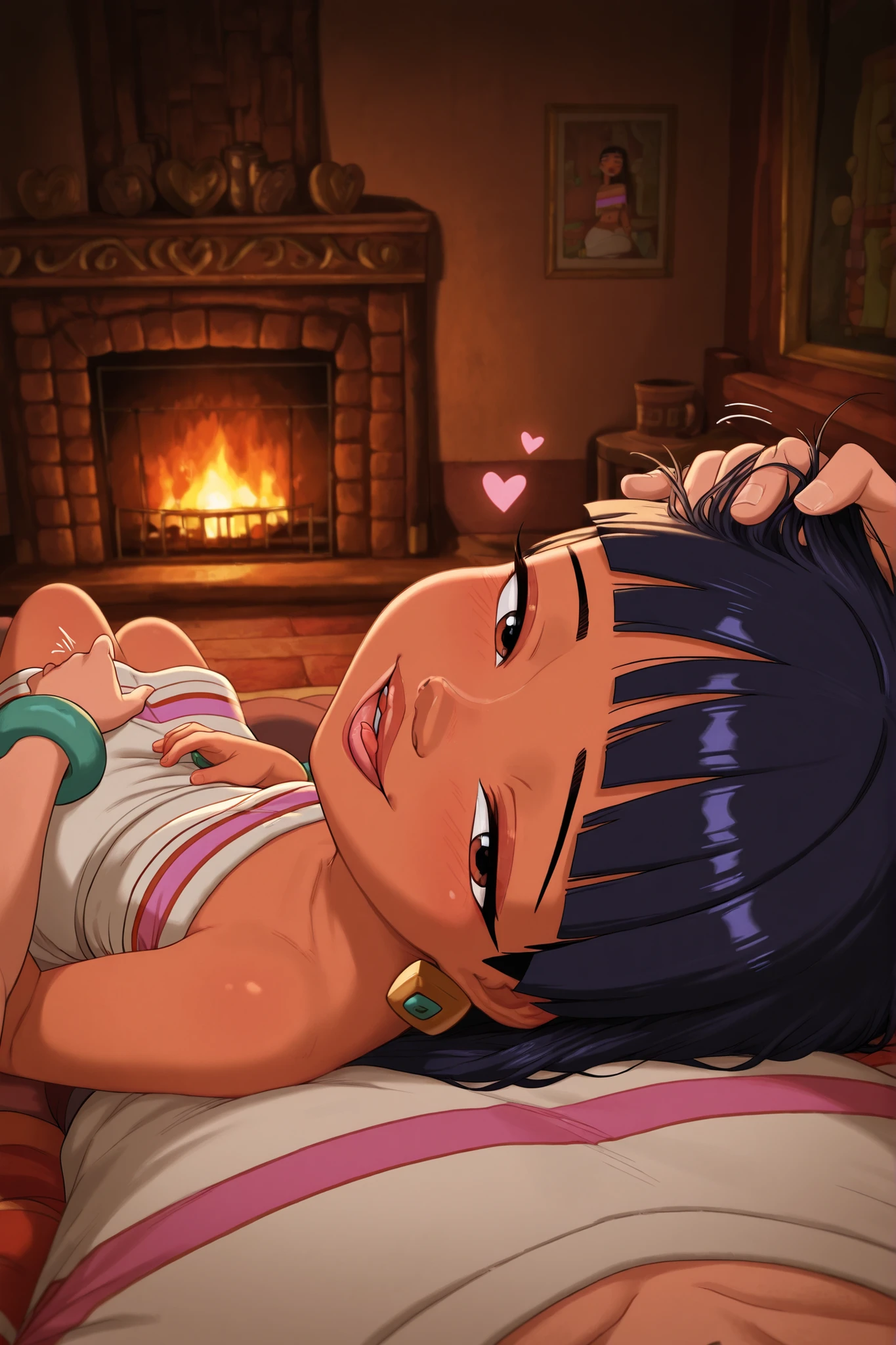 1girl on side, lying, from side, child, resting head, sleepy face, happy, tongue put, lips, chel from the road to el dorado movie,, resting on chest, lean back, looking at viewer, head on pov chest, snuggle, flirt, romantic atmosphere, happy, hearts, fireplace, home, cozy, male pov, povoverShoulder, pov hands, pov arms, arms rest, hair grab, caressing hair, sfw. lying on lap, puckering lips, before kiss,