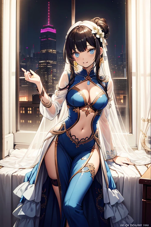 Top quality,Optimal resolution,(Wet princess dress),Very detailed, She has a pair of white double ponytails,Young women,charm,Design intricate clothes,blue eyes,Illusion Cloud Light Heaven,Elegant and charming,((Wet people,Foggy,water)),Leg ring,Anklet,night,Small lighting,charm的姿势,Well-designed clothing,Beautifully decorated,出water芙蓉,Garter stockings