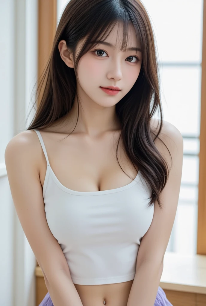 (highest quality), (Ultra-detailed), (Cleavage), (Detailed light), (Very delicate and beautiful、White T-shirt:1.3), 1. Young Girl, Brown Hair, Brown eyes, model, highest quality, Highly detailed CG synthesis 8k wallpaper, High-definition RAW color photos, bright、Sexy pose、(Are thin、Waistline)、Slightly 、Beautiful breasthort hair、((Naughty pose))、Thighs