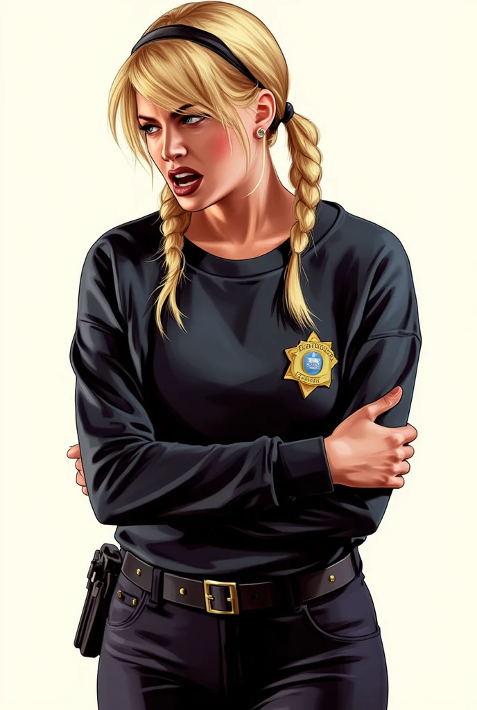 (masterpiece, best quality)), ((((perfect )))), Caucasian woman with tied blonde hair-bun, dark eye-shadow, , vibrant blue eyes, grey hoodie, tugging at (((white high cut cotton ))), big , angry expression, walking around soldier barracks, (((realistic art style)))