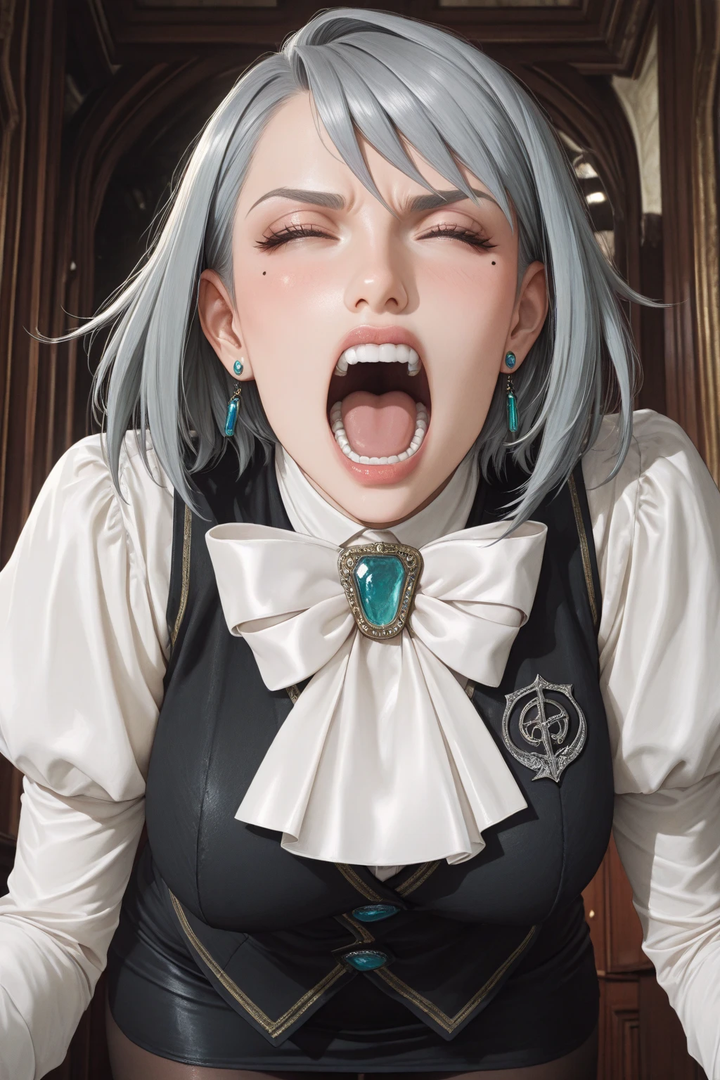 score_9, score_8_up, score_7_up, source_anime BREAK 1girl, solo, jainapost, multicolored hair, white hair, yellow hair, single braid, ,blush, open mouth, big mouth, tongue, tongue out, close up, saliva, uvula, uvula, room, mouth focus, excessive saliva, room, angry,