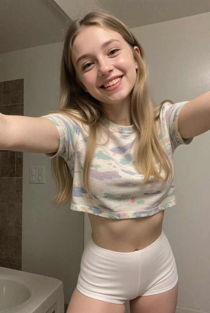 Cute innocent white 12 year old, long straight perfect blonde hair, blue eyes, wearing erotic revealing open , (round firm breasts), very short school micro mini skirt, pink panties, smiling, sunny day, school backpack, posing pn a porch, front door, white super tight thigh highs, red short school tie, shirtlift, masterpiece, detailed, 8k,